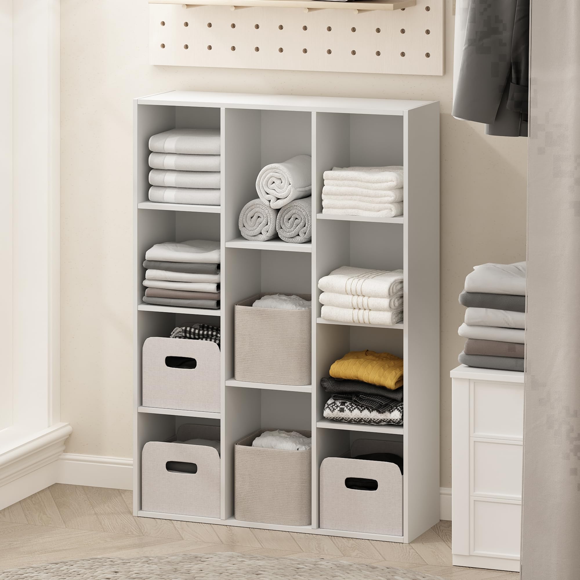 Furinno Reed 11-Cube Open Shelf Organizer - White Storage Shelf for Closet, Bedroom, Office & Living Room Organization