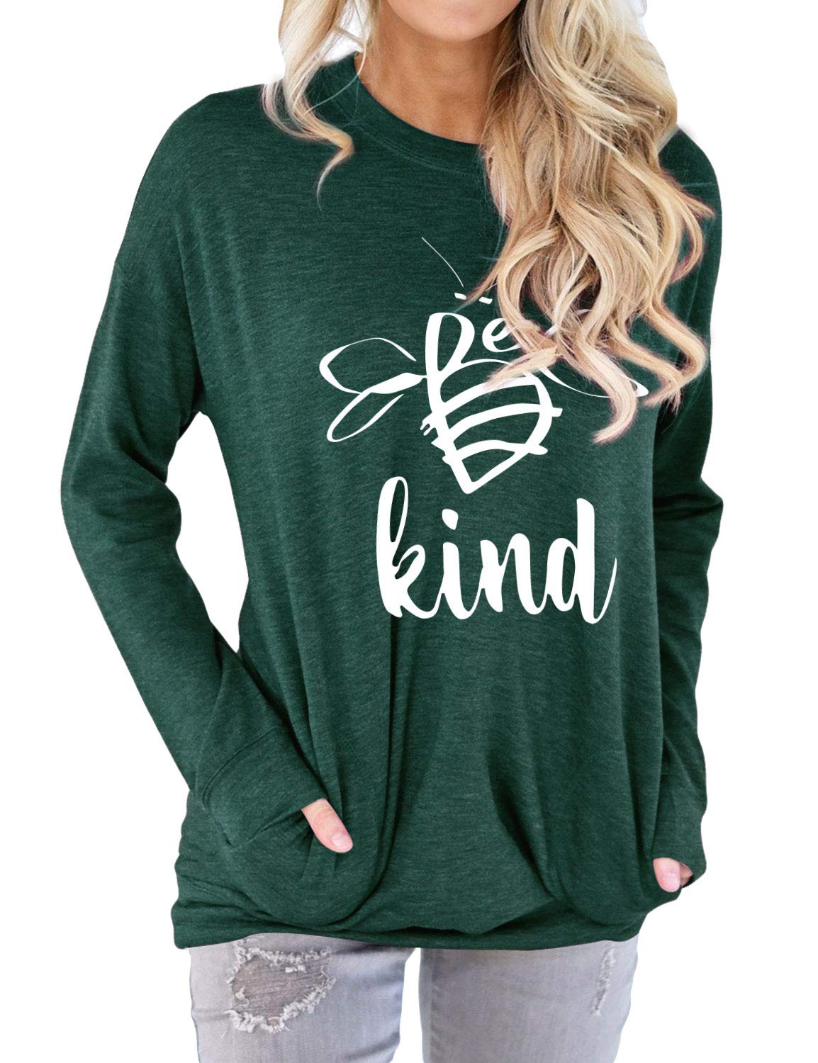 OUNAR Bee Kind T-Shirts & Sweatshirts for Women - Funny Inspirational Lightweight Long Sleeve Teacher Shirts - Blessed Pullover for Casual Wear, Work & Everyday Outfits
