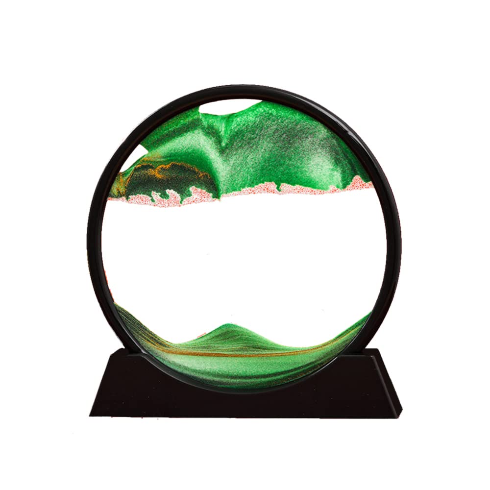 3D Dynamic Sand Art Liquid Motion - Round Glass Deep Sea Sandscape Flowing Sand Frame for Adults & Kids - Desktop Art Toy, Home & Office Decoration (Green) - Perfect for Stress Relief, Meditation, and Creative Workspace Decor