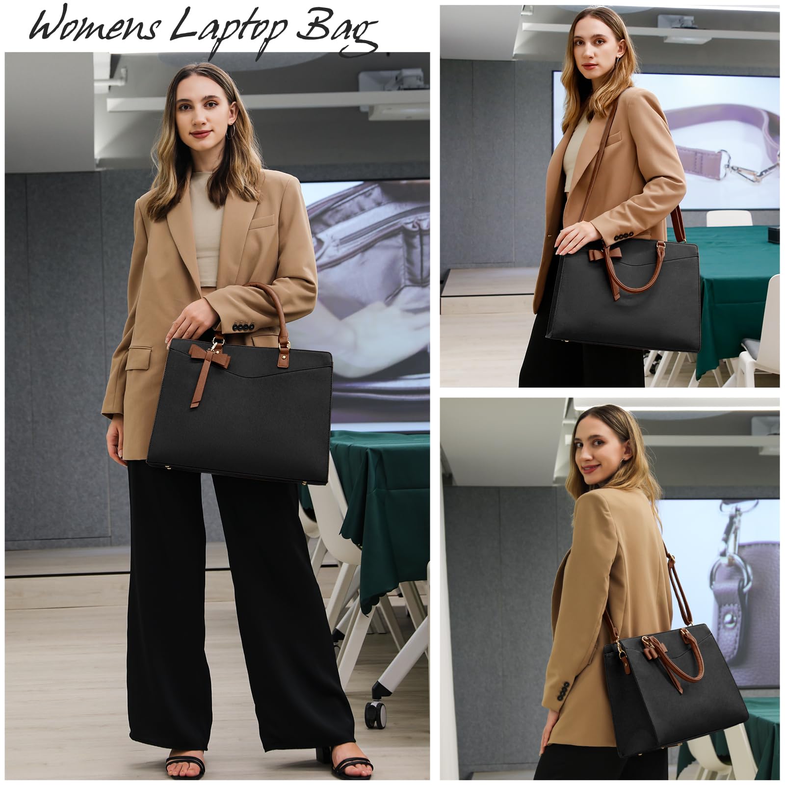 RAINSMORE 15.6 Inch PU Leather Laptop Tote Bag for Women - Professional Waterproof Business Office Briefcase, Lightweight Work Bag with Shoulder Strap for Commuting and Travel