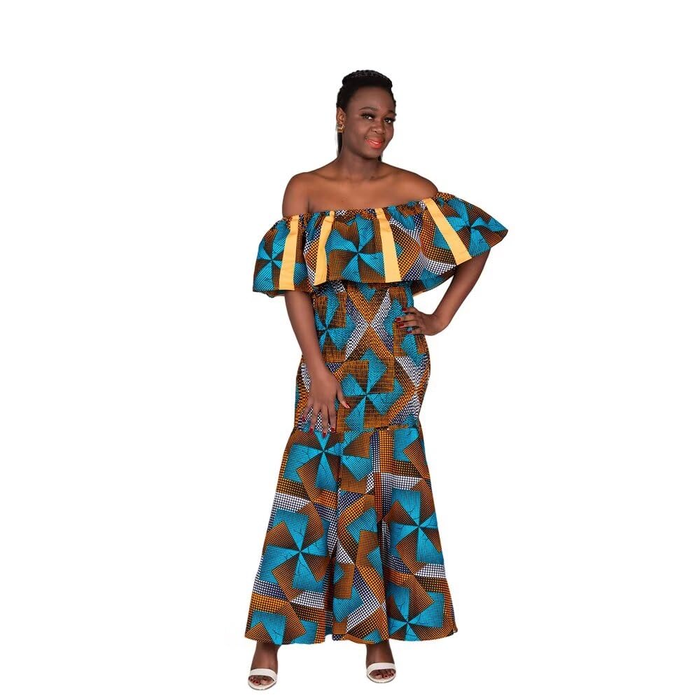 Stylish African Ankara Dresses for Women - Elegant Slash Neck & Elastic Waist Evening Party Gowns | Perfect for Weddings, Cultural Events & Special Occasions