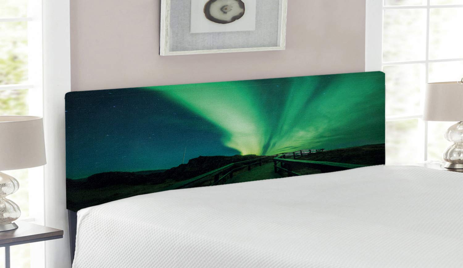 Ambesonne Queen Size Upholstered Headboard with Memory Foam - Northern Lights Wooden Bridge Design in Fern Green & Dark Blue | Decorative Metal Bed Frame for Master Bedroom, Guest Room & Dorm