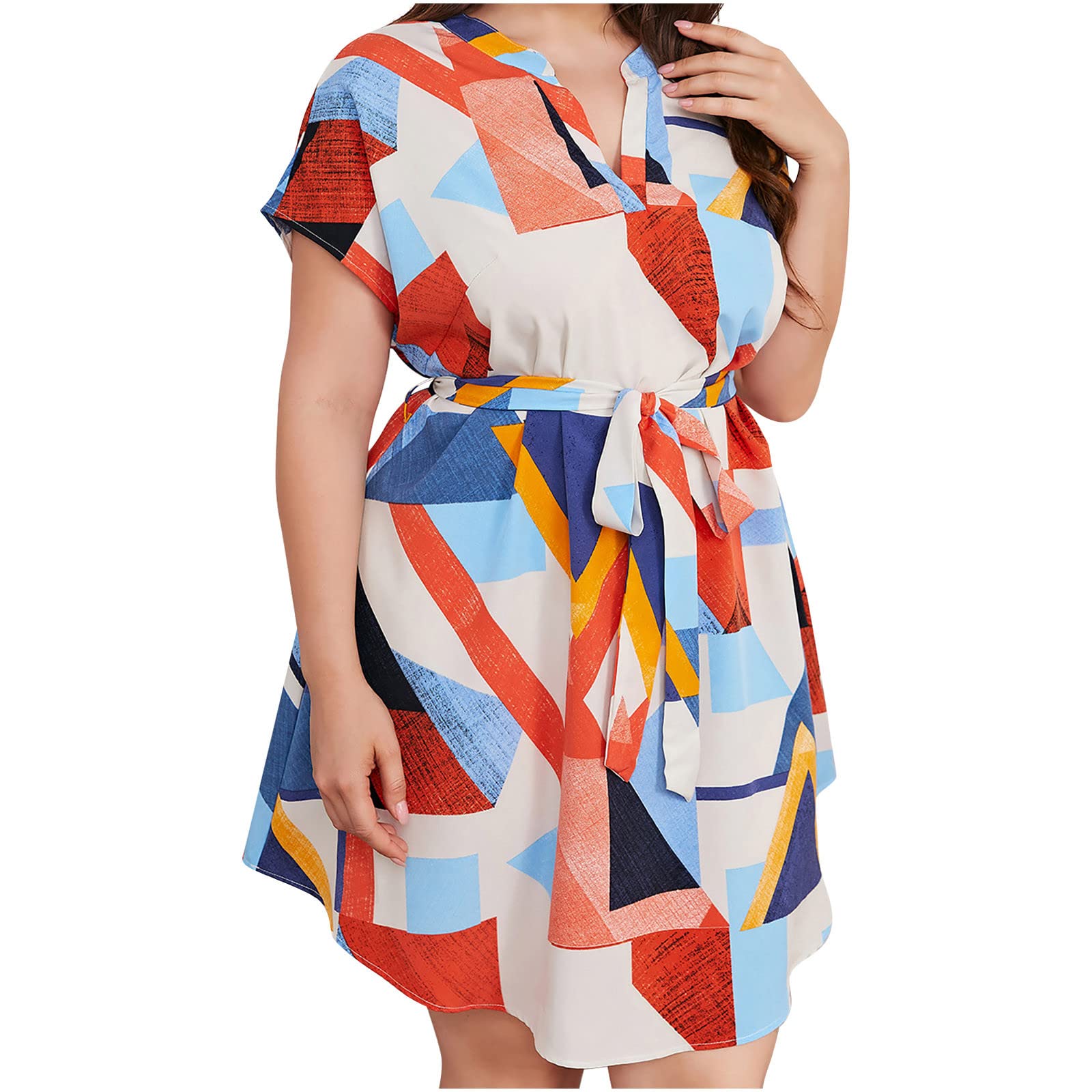 USUPDD Women's Plus Size Summer Dress - Geometric Print V-Neck Short Sleeve Loose Fit Casual Mini Dress with Waist Tie | Perfect for Beach Vacations, Date Nights & Summer Outings