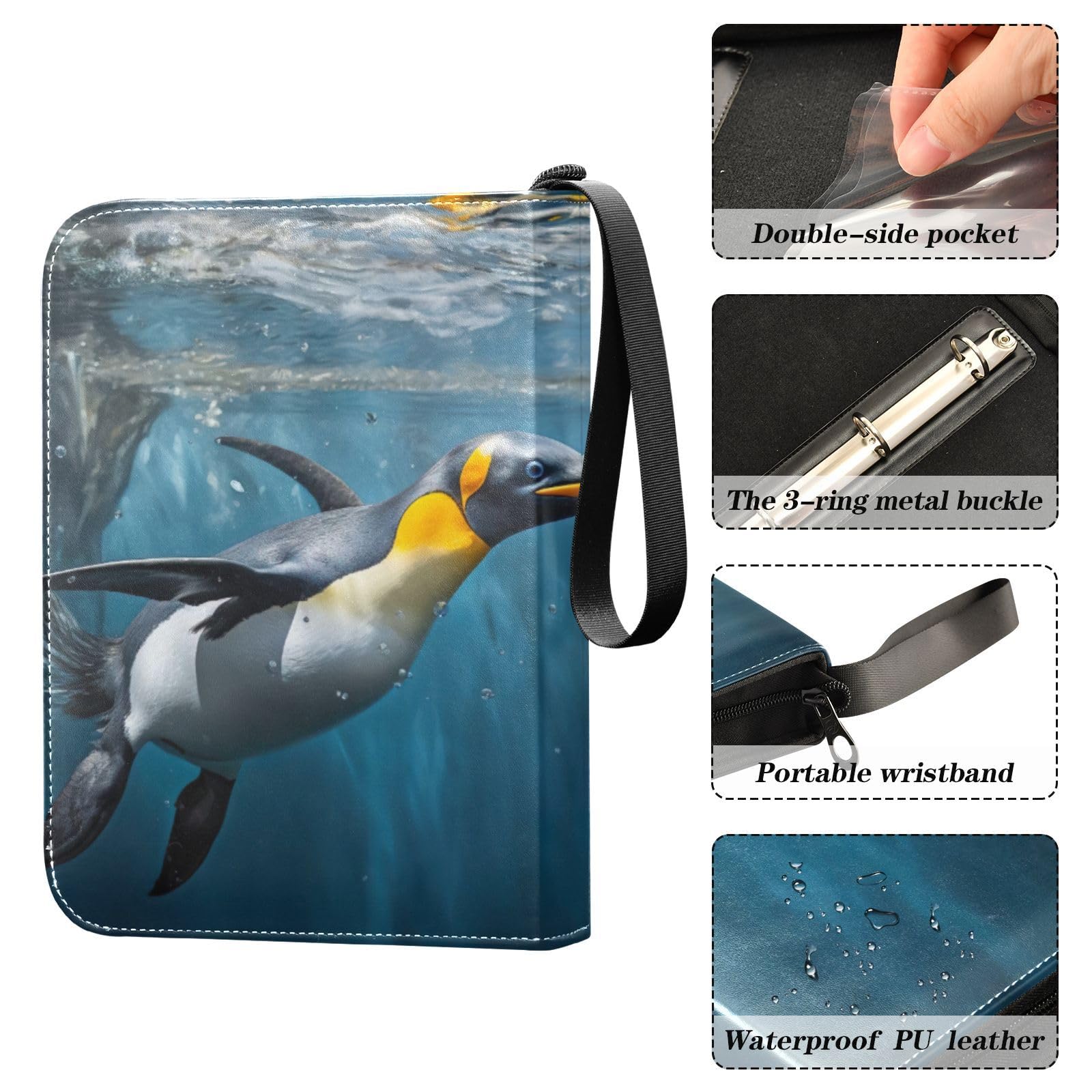 Joko Ivery Penguin Swimming 4-Pocket Trading Card Binder - PU Leather Zip Closure with 400 Side-Loading Pockets | Durable Card Holder for Sports, Gaming & Collectible Cards | Perfect for Boys, Girls & Card Game Enthusiasts | Organize Pokemon, Yu-Gi-Oh, Magic & Baseball Cards