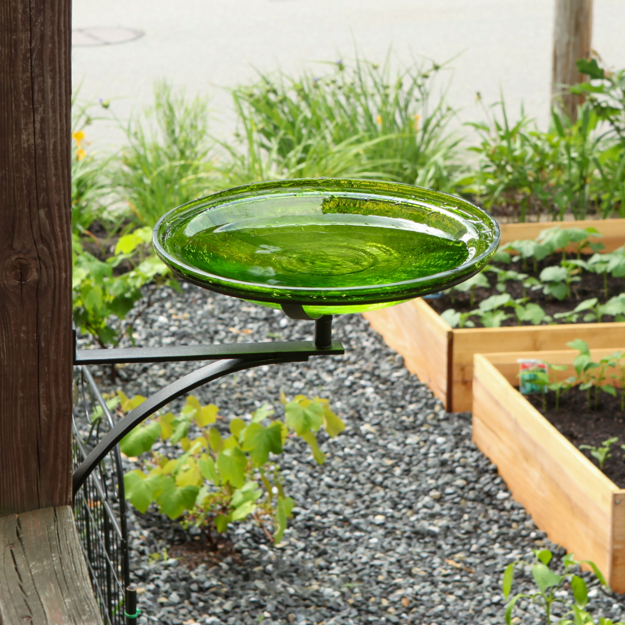 Fern Green Crackle Glass Birdbath Bowl for Garden Decor - Handmade Outdoor Bird Feeder with Crackled Texture, Perfect for Attracting Birds to Your Backyard or Patio