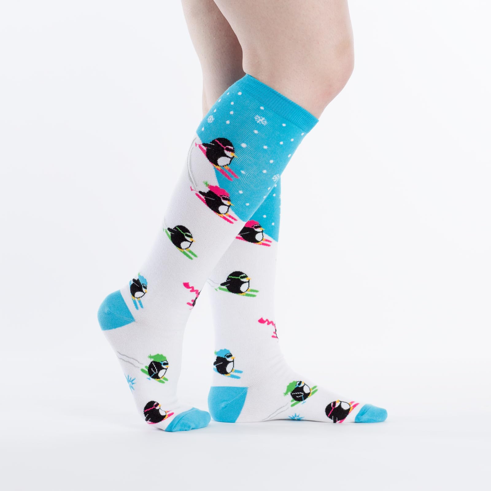 Women's Knee High Socks with Downhill Penguin Design - Fun Novelty Crew Socks for Winter, Christmas Gifts & Casual Outfits