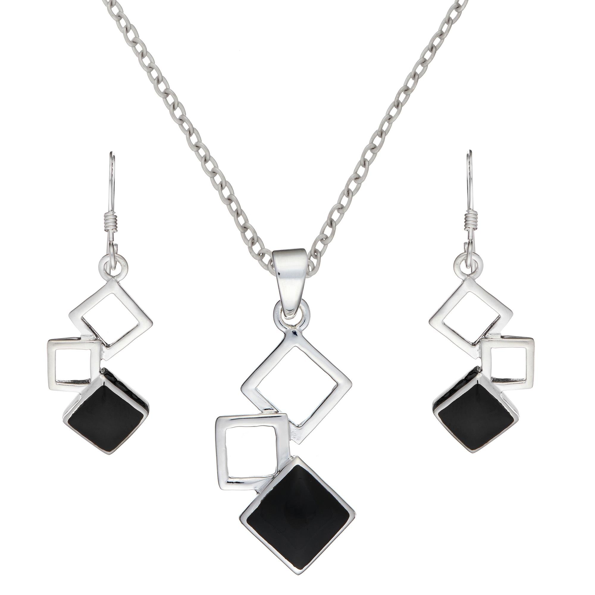 Silverly Women's 925 Sterling Silver Simulated Onyx Linked Square Earring & Necklace Jewelry Set - 18