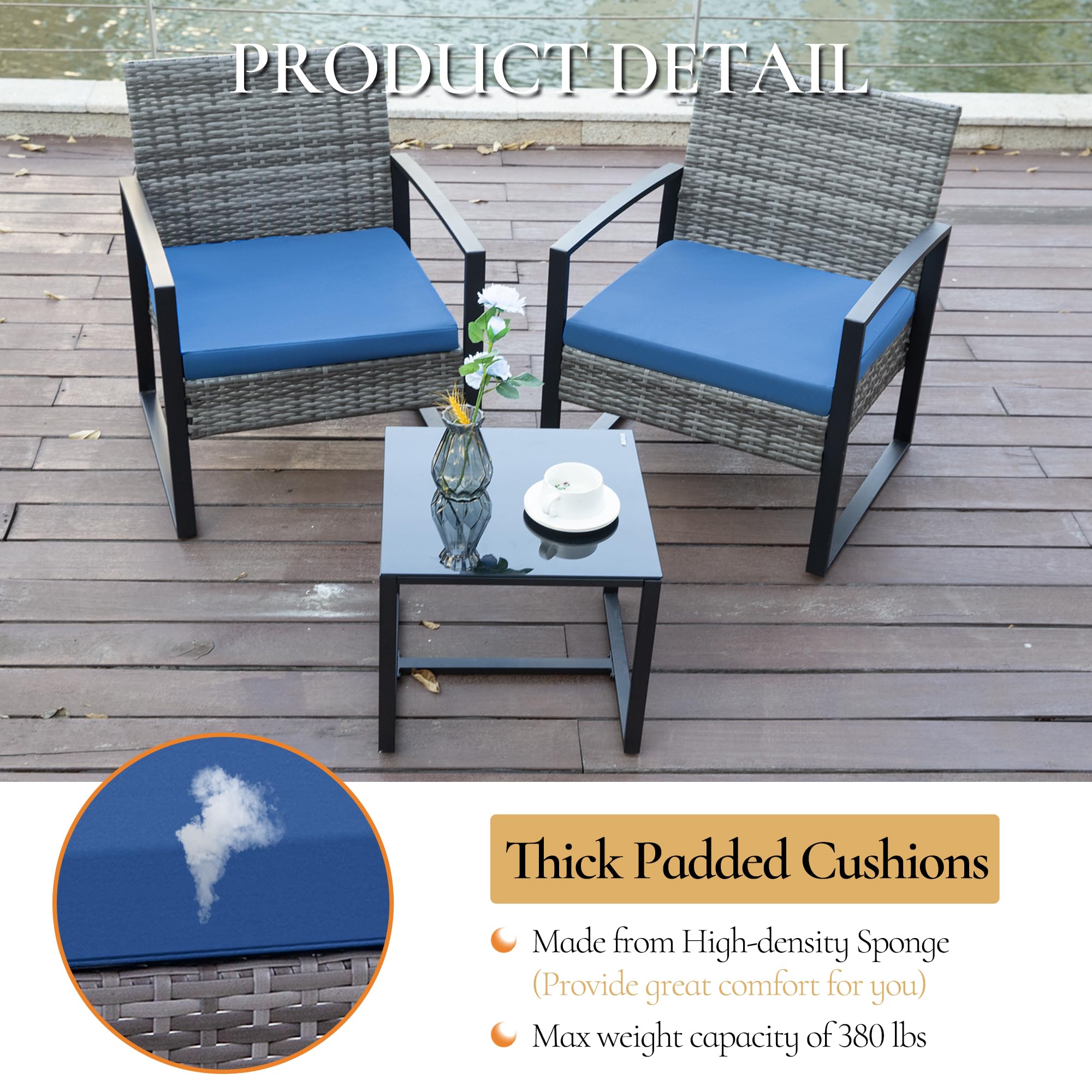 3-Piece Patio Furniture Set - Outdoor Wicker Bistro Set with 2 Chairs, 2 Cushions & Glass Coffee Table - Grey Wicker & Blue Cushions - Perfect for Garden, Balcony, Backyard, Porch, Lawn or Poolside Relaxation