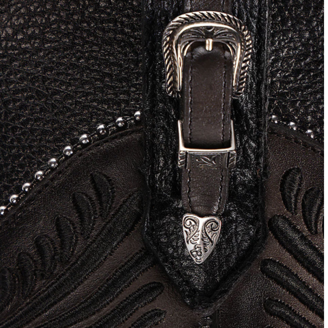 Women's Cuadra CU867 LD Black Python Leather Boots with Embroidery, Studs & Zipper - Round Toe Western Boots for Cowgirl Style & Country Fashion