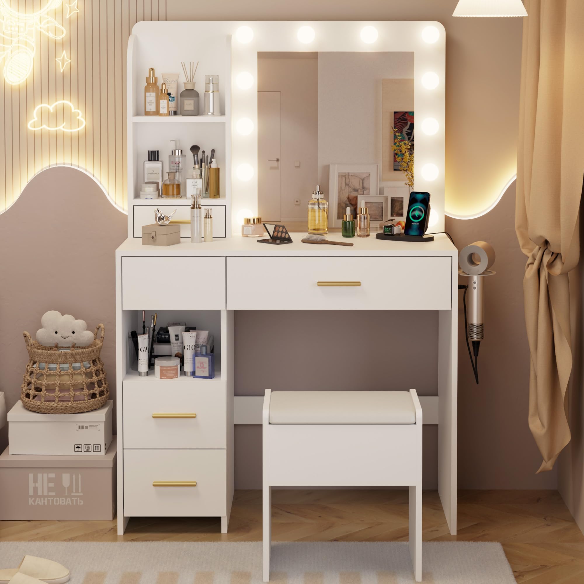 Vanity Desk with LED Lighted Mirror & Power Outlet - 3 Color Lighting Makeup Vanity Table with 5 Drawers & 3 Shelves, Includes Storage Stool - Perfect for Bedroom, Dressing Room & Home Beauty Station (White)