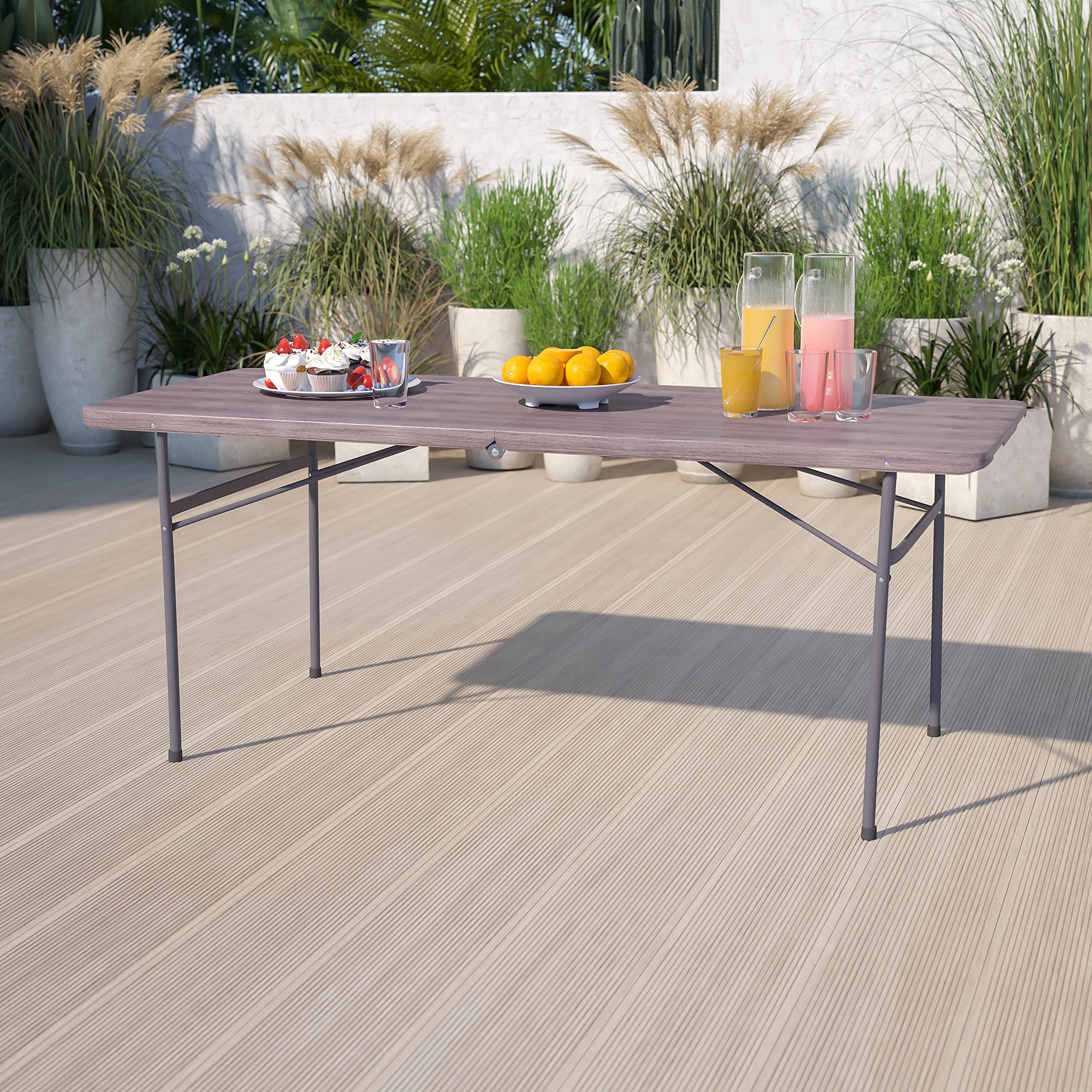 6-Foot Bi-Fold Brown Wood Grain Plastic Folding Table with Carrying Handle - Portable & Sturdy for Parties, Camping, Events & Home Use