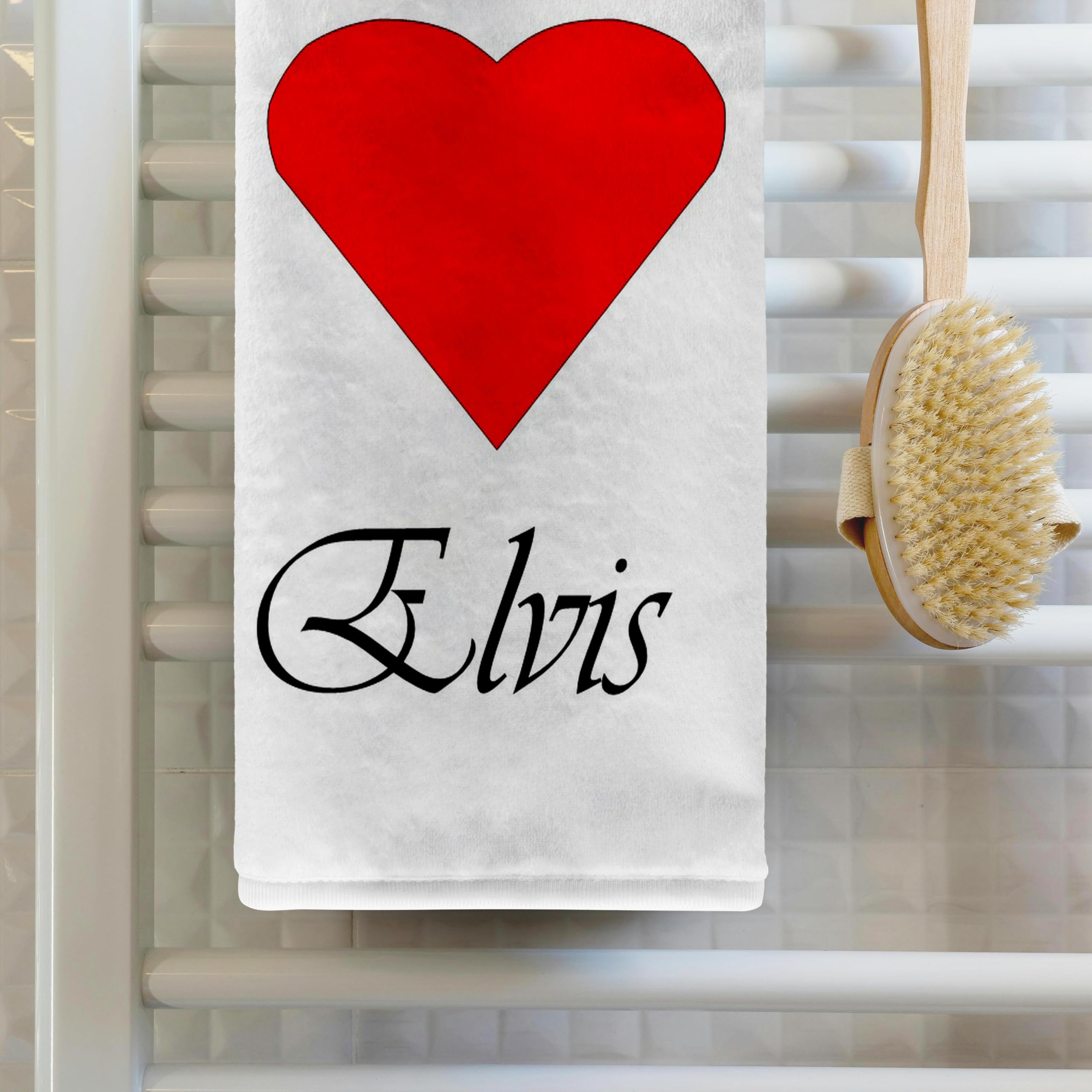 3D Printed Towel with Elvis and Big Red Heart Design - 3dRose Lens Art by Florene - Bath, Beach & Kitchen Towel for Elvis Fans - Perfect for Home Decor, Gifts & Collectibles