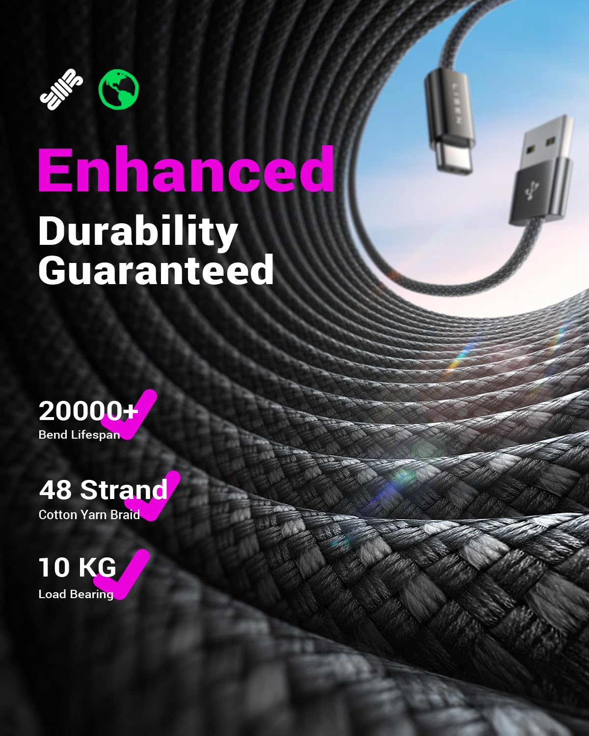 LISEN 3-Pack 6.6FT USB C to USB A Fast Charging Cable (3.2A) - Compatible with iPhone 16/15/14 Pro Max, Samsung Galaxy S23/S21/S20/S10 - Perfect for Home, Office & Travel Charging