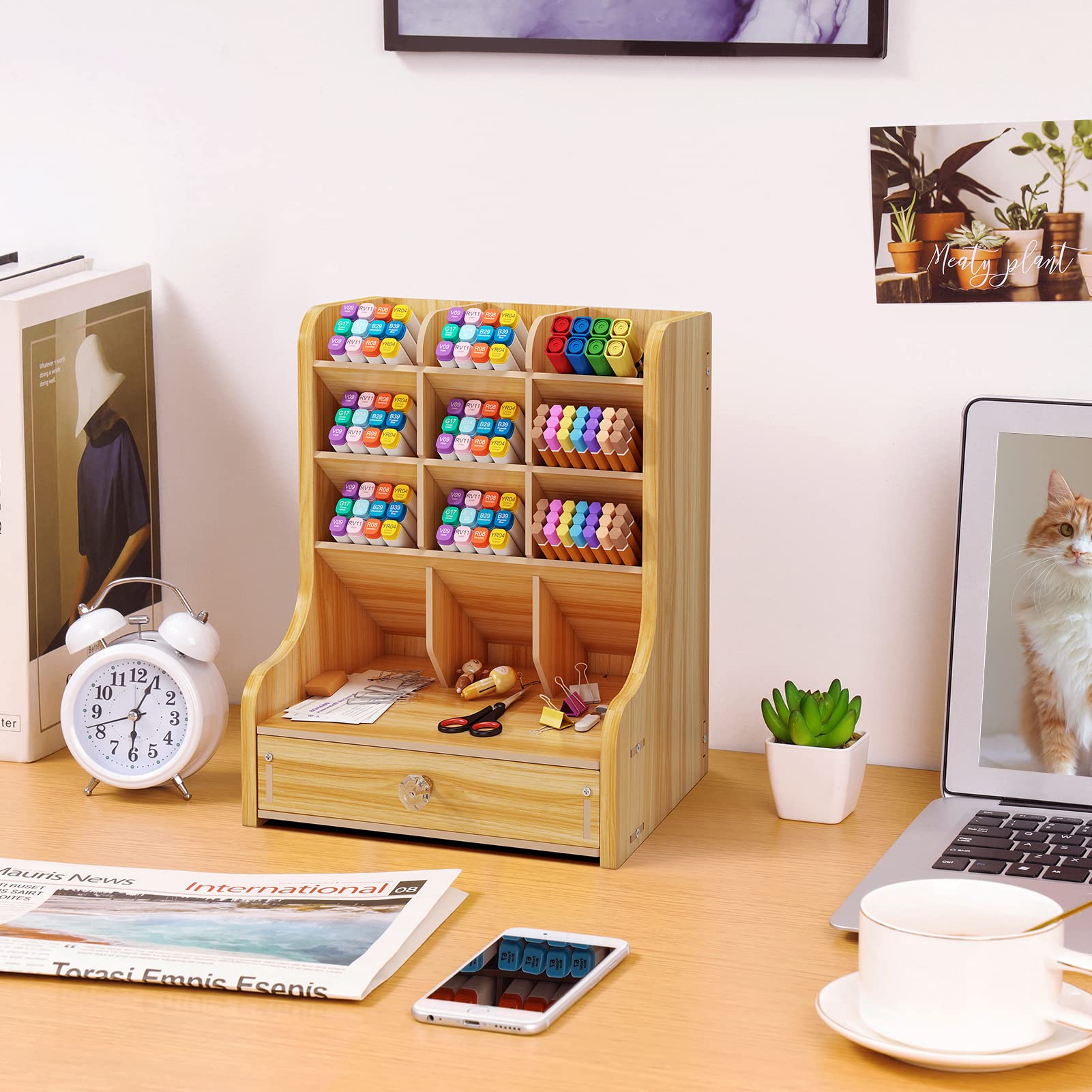 Premium Wooden Pen Organizer with Drawer - DIY Desk Stationery Holder for Home & Office Supplies | Cherry Finish | Perfect for Artists, Writers & Students