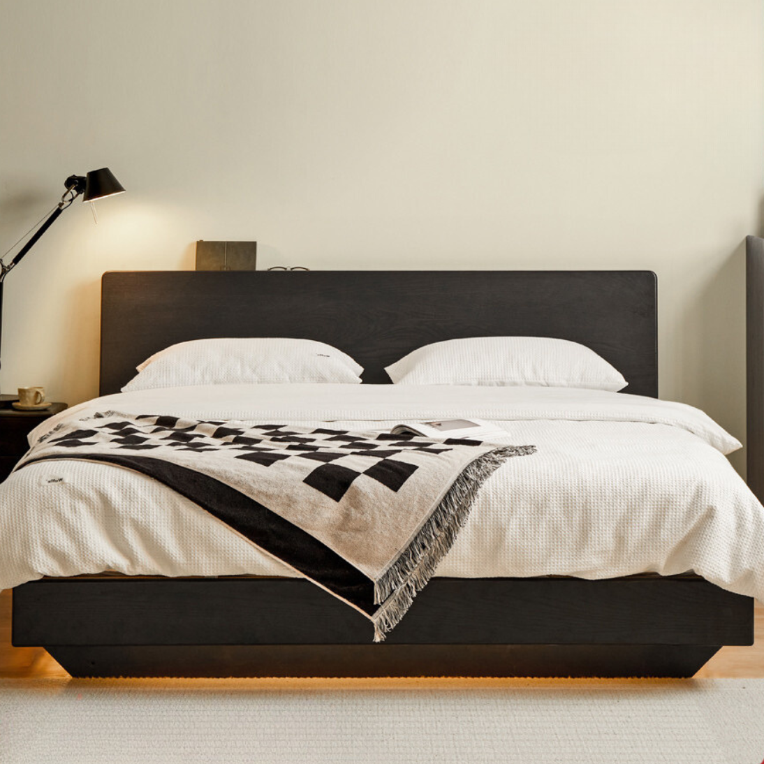Solid Oak Wood Floating Platform Bed with LED Lights - Modern Smoky Finish for Bedroom, Guest Room, or Studio Apartment