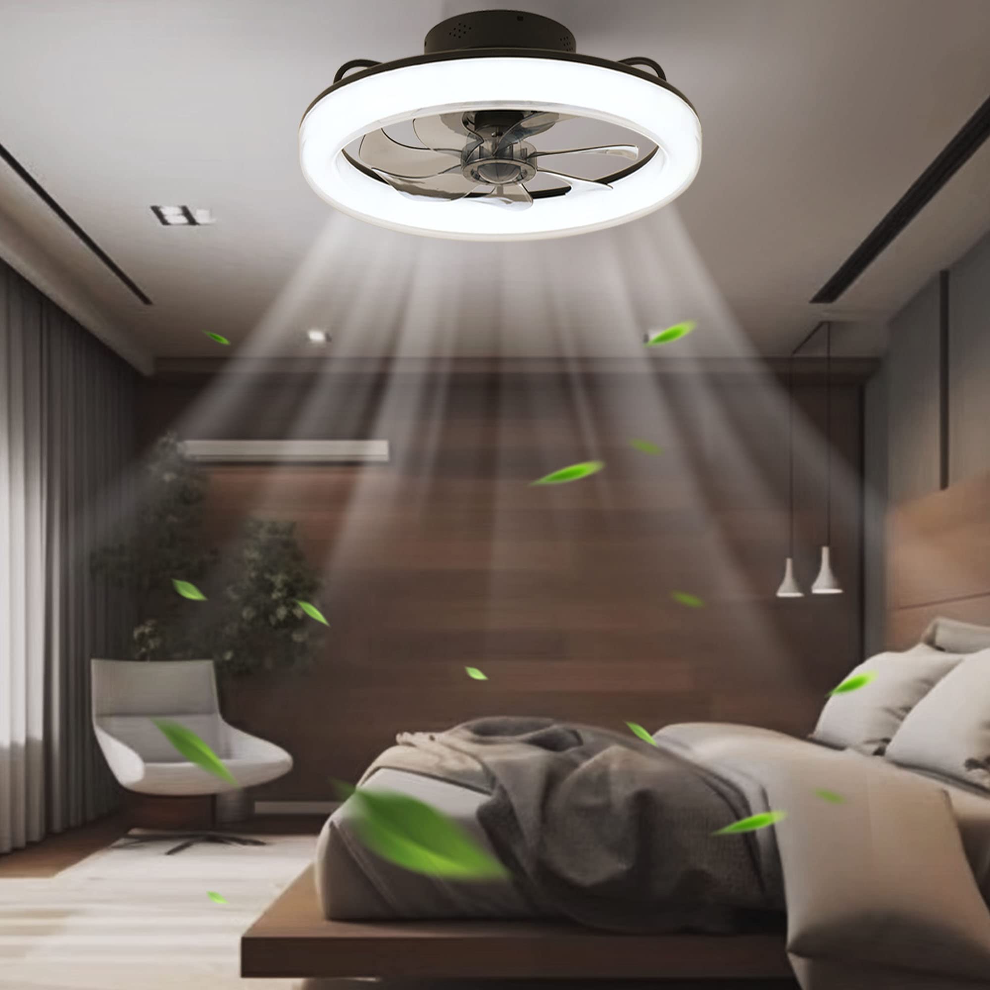 CHANFOK 20 Inch Low Profile Flush Mount Ceiling Fan with Dimmable LED Light, 6 Speed Reversible Blades, Remote & Smart App Control - Perfect for Bedroom, Living Room, and Office (Black)