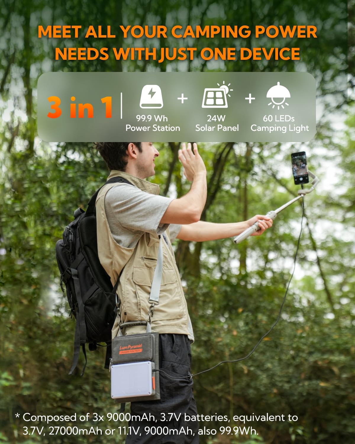 Portable Solar Charger 99.9Wh Power Bank with 24W Foldable Solar Panels, 600 Lumen Adjustable LED Camping Light, 65W PD USB-C & 22W QC3.0 USB-A Output - Perfect for Outdoor Camping, Hiking, Emergency Power Backup & Travel Charging