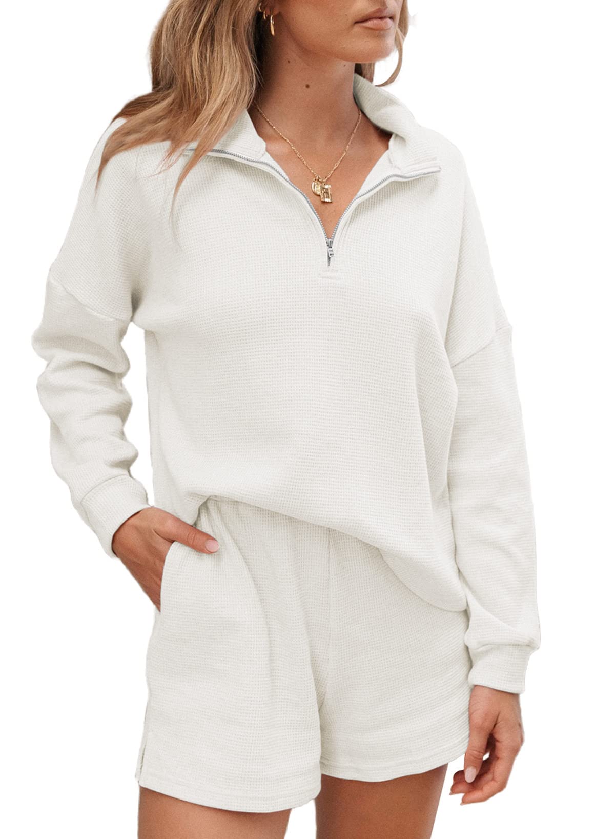 Aleumdr Women's 2 Piece Lounge Set - Soft Waffle Knit Long Sleeve Top & Shorts with Pockets | Comfortable Matching Outfits for Home, Travel & Casual Wear | 2024 Fashion Trend