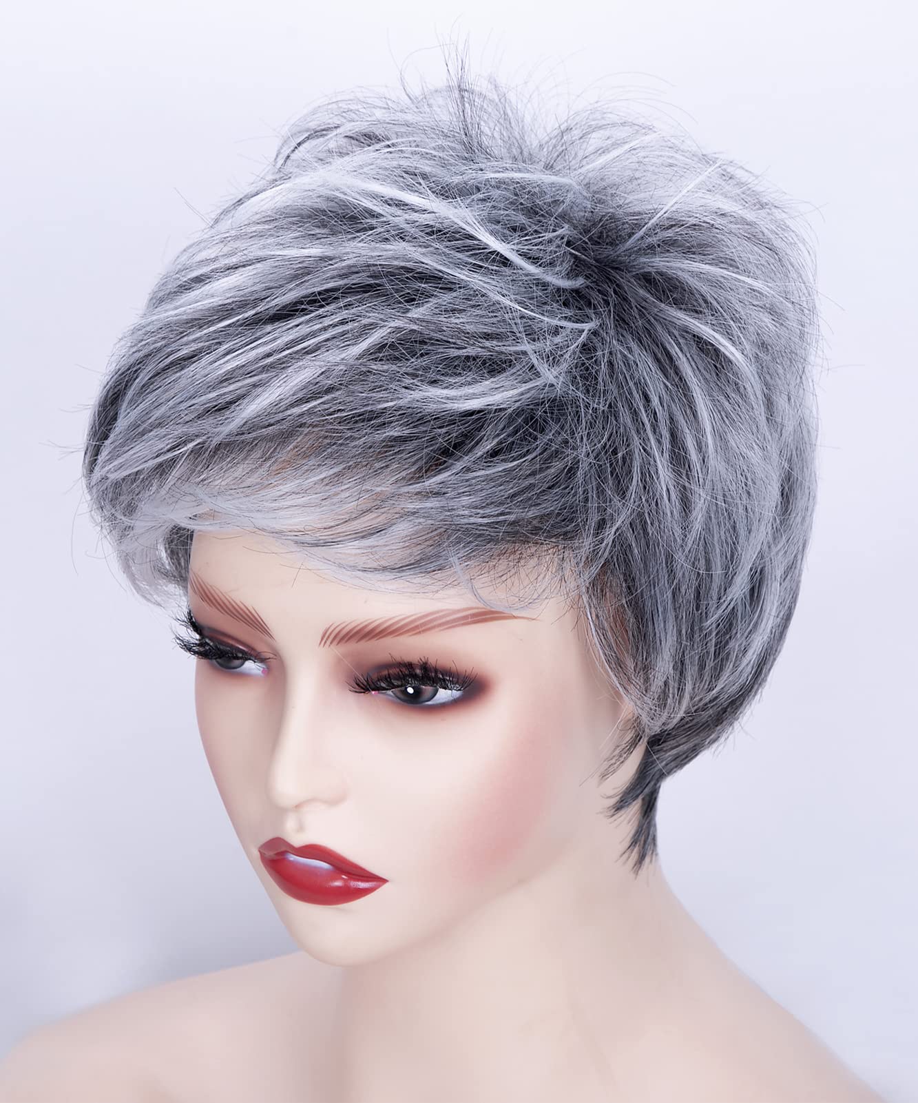 Happy Cherry Short Wigs for Women - Synthetic Shag Wig with Black & Silver Highlights - Pixie Layered Wig for Older Women - Includes Cap & Comb - Perfect for Cosplay, Daily Wear & Costume Parties