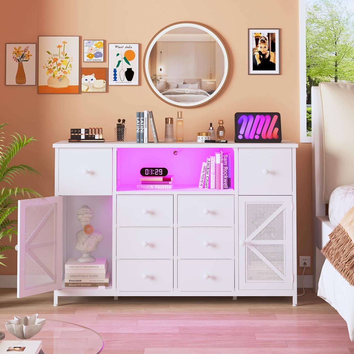 White Dresser with Charging Station & LED Lights - 8 Fabric Drawers & 2 Doors Bedroom Chest - Modern Storage Dresser for Bedroom, Living Room, Nursery - Perfect as TV Stand, Closet Organizer & Nightstand Alternative