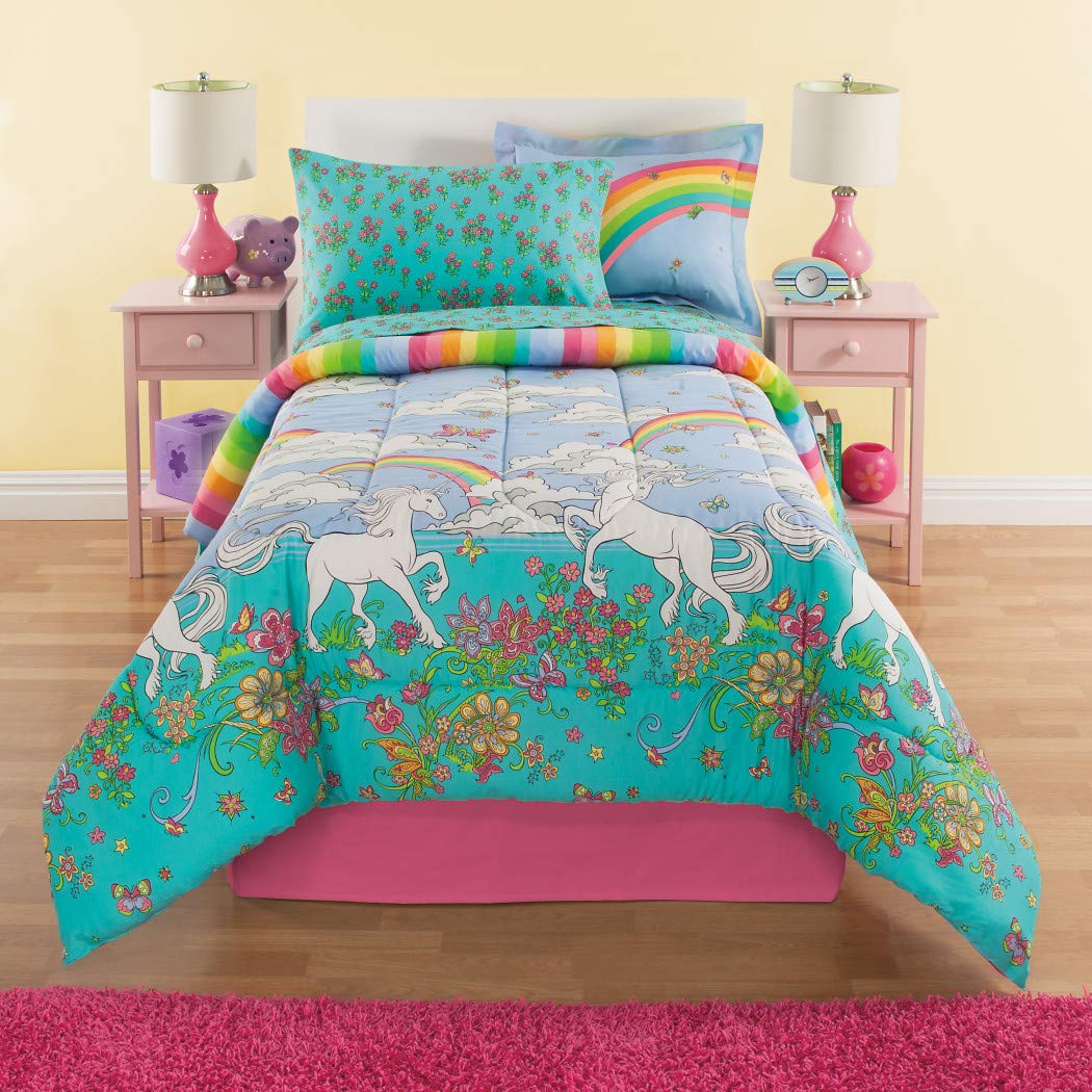 6-Piece Girls Unicorn Rainbow Comforter Set Twin Size - Reversible Bedding with Floral Pattern & Vibrant Rainbows Clouds in Pink Orange Yellow Blue Aqua Green - Perfect for Kids Bedroom Decor, Birthday Gift & Sleepover Party Essentials