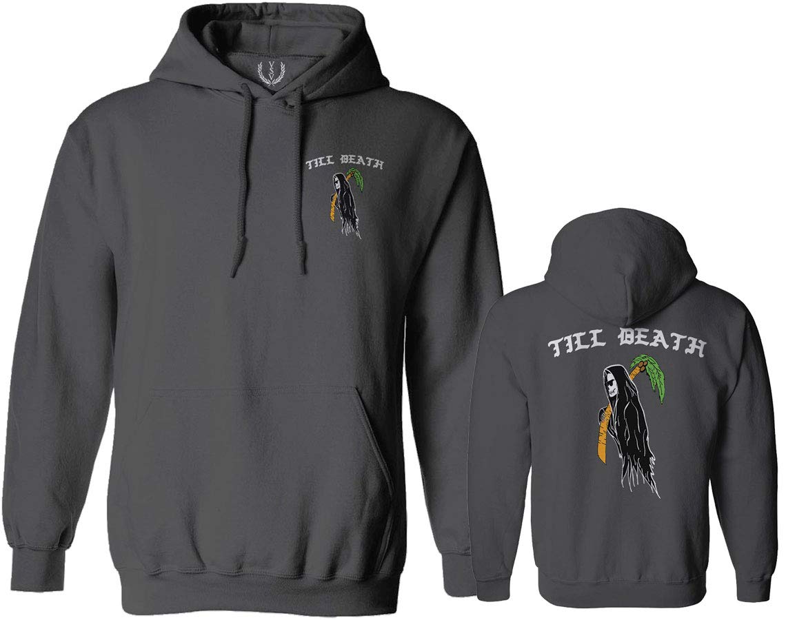 VICES AND VIRTUES Black Summer Palm Graphic Hoodie - Cool Bones Surf Style with 'Till Death' Design - Obei Society Streetwear for Beach Parties & Urban Fashion