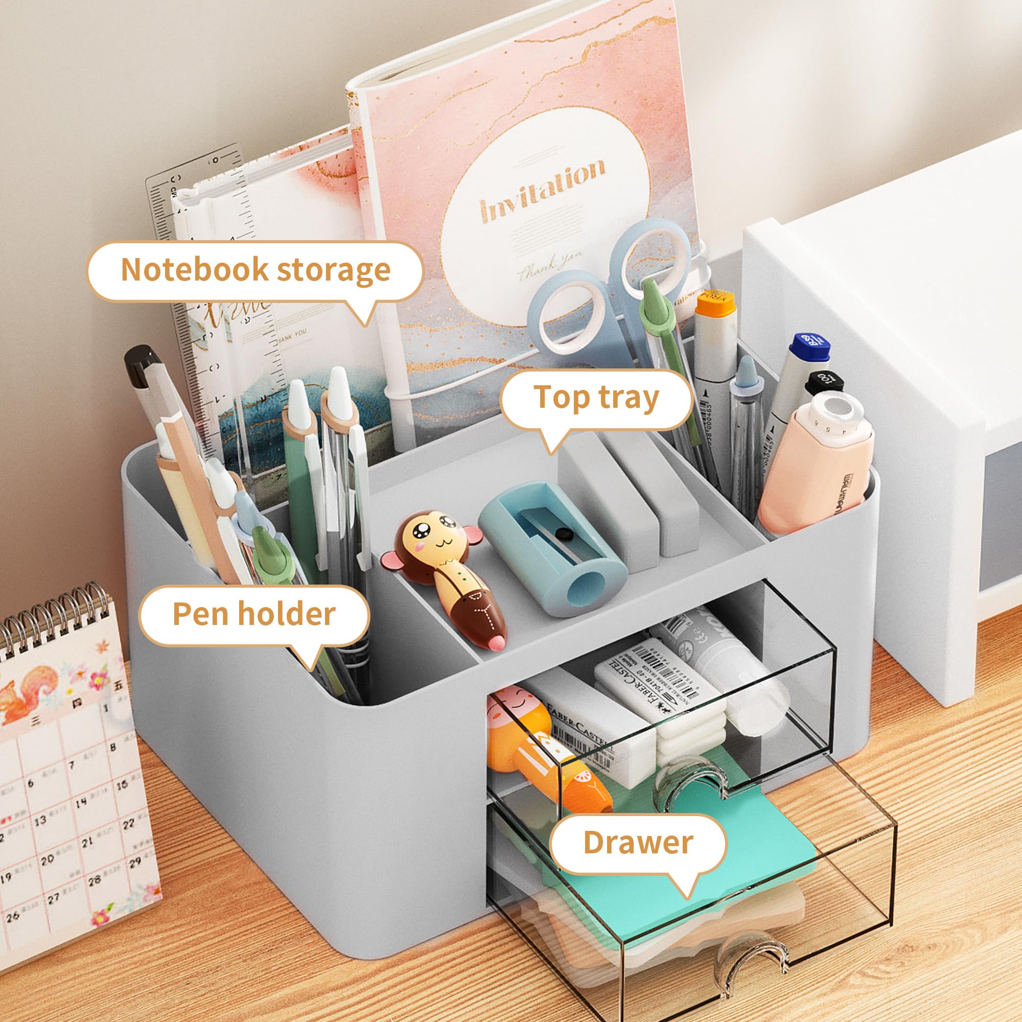 Premium Marbrasse Pen Organizer with 2 Drawers - Multi-Functional Desk Pencil Holder & Office Supplies Organizer - 5 Compartments + Storage Drawers for Pens, Markers, Art Tools - Perfect for Home Office, School & Craft Room (Grey)