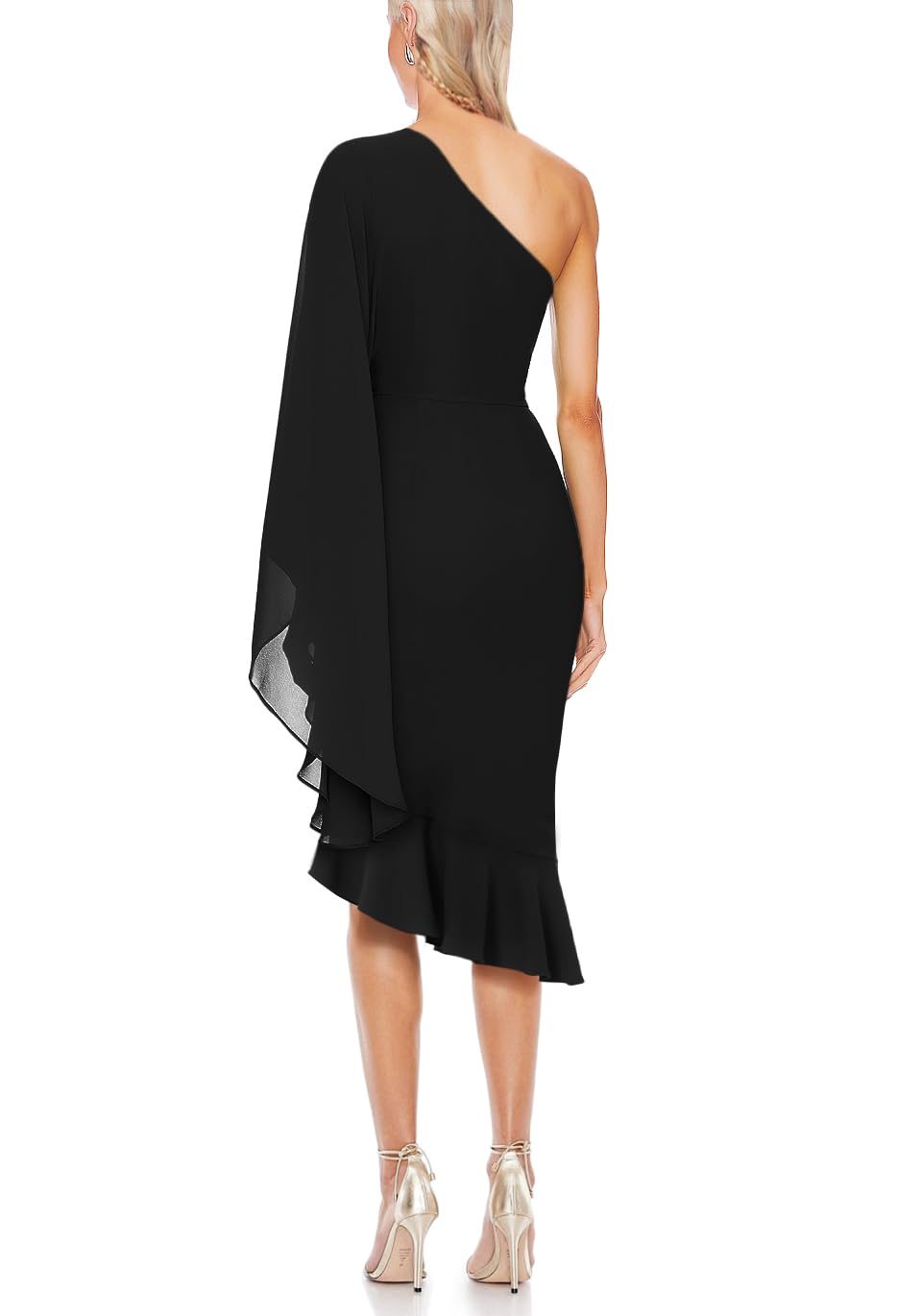 Lrady Women's One Shoulder Formal Dresses 2024 - Bell Sleeve Ruffle High Slit Bodycon Wedding Guest Party Pencil Midi Dress - Perfect for Cocktail Parties, Evening Events & Special Occasions