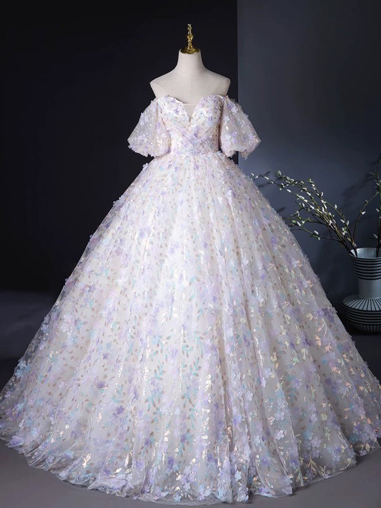 Elegant Light Purple A-Line Prom Dress with Puff Sleeves & Sweetheart Neckline - Tulle Lace Formal Gown for Homecoming, Wedding, Quinceañera & Special Occasions