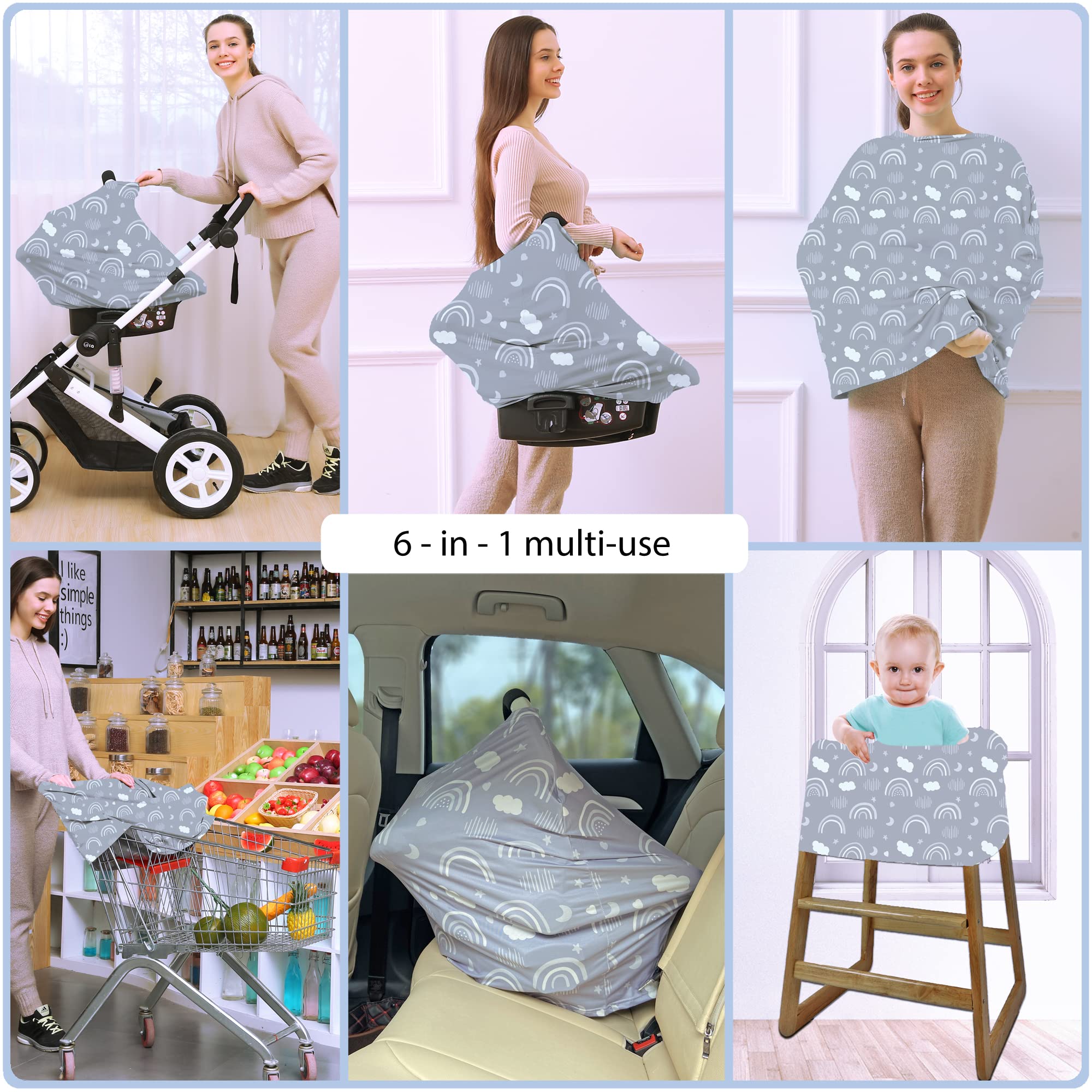 Premium Baby Car Seat Covers - Universal Nursing Car Seat Canopy & Breastfeeding Cover, Soft Grey Rainbow Design, Ideal Baby Shower Gift for Boys & Girls | Perfect for Travel, Shopping & Outdoor Activities