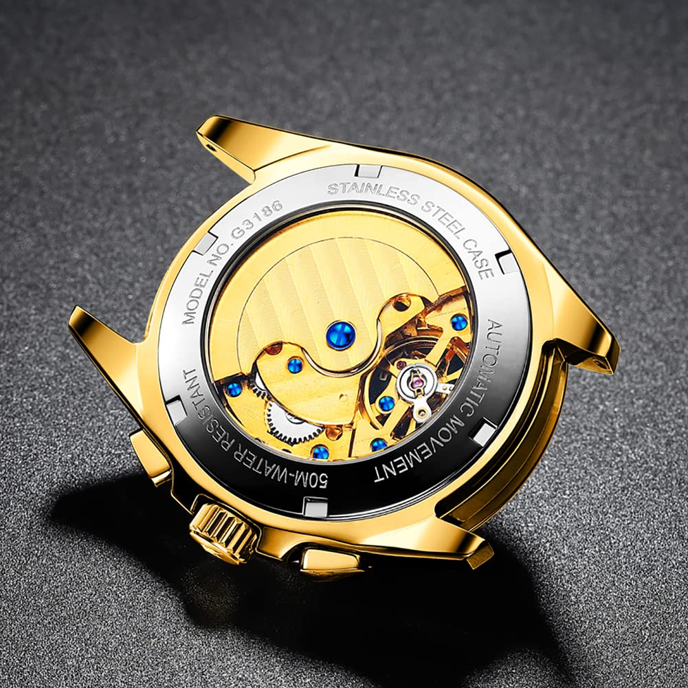 OUPINKE Automatic Skeleton Self-Winding Dress Watch for Men - Waterproof Business Wristwatch with Luminous Tungsten Steel Case - Perfect for Formal Events, Office Wear & Special Occasions