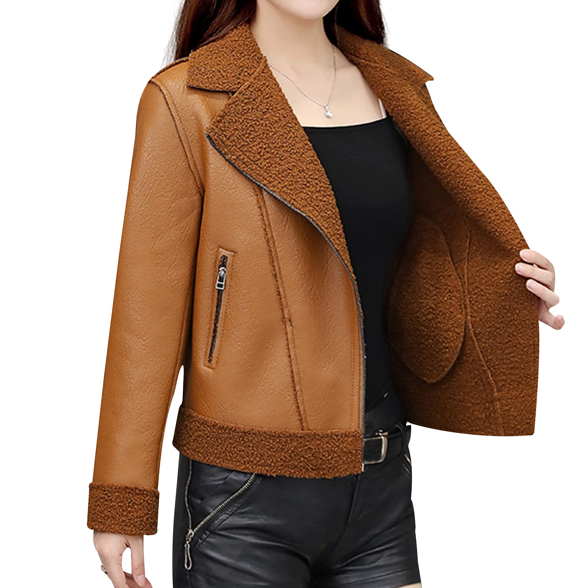Songling Women's Motorcycle Jacket - Sherpa Fleece Lined PU Leather Biker Coat with Lapel Collar | Warm Winter Riding Gear for Commuting & Outdoor Adventures