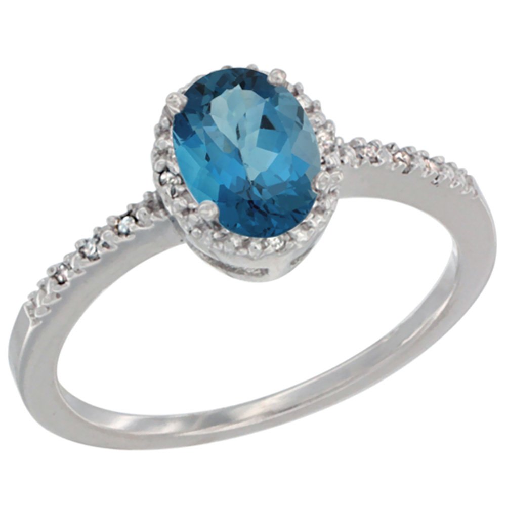 10K White Gold Natural Diamond London Blue Topaz Oval Engagement Ring 7x5mm - Size 5-10 | Perfect for Proposals, Anniversaries & Bridal Jewelry