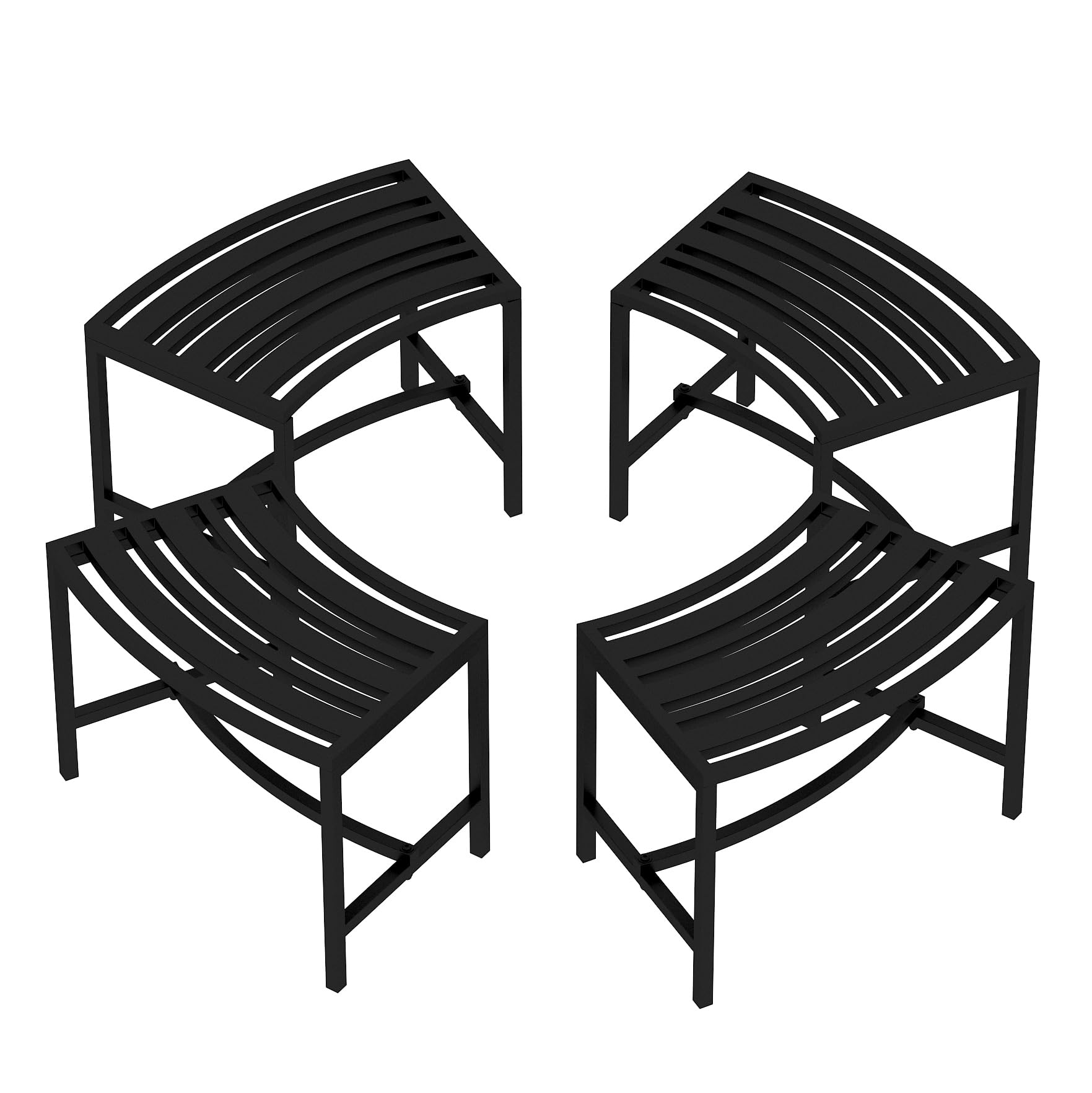 4-Piece Black Metal Curved Fire Pit Bench Set - Heavy Duty Steel Outdoor Seating for Garden, Patio, Porch & Backyard - Backless Design Doubles as Plant Stand - Perfect for Campfires, Outdoor Gatherings & Garden Decor