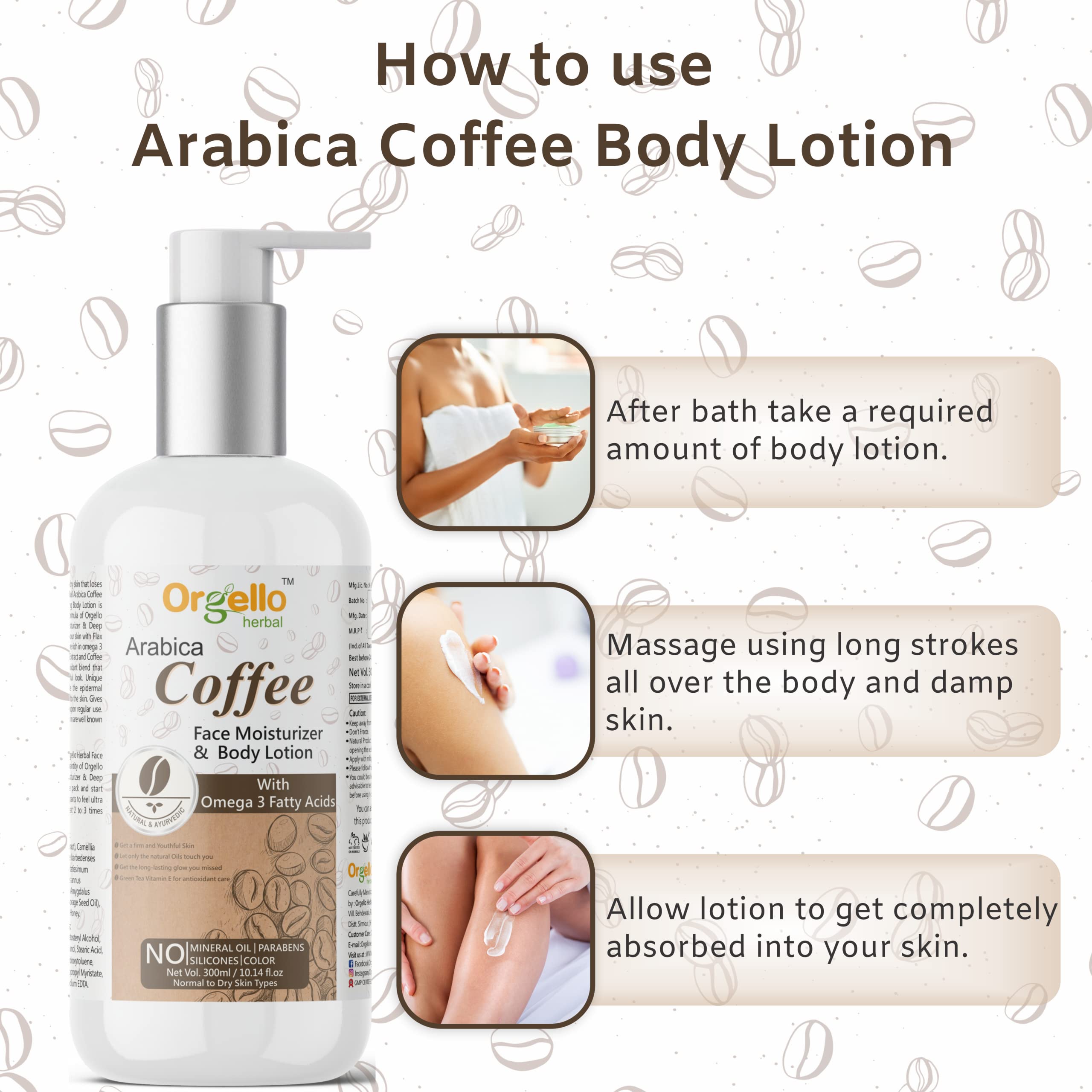 Orgello Herbal Coffee Body Lotion for Men & Women - 300ml Moisturizing Cream for Dry to Normal Skin with Borage Seed Oil, Flaxseed Oil, Almond Oil & Sunflower Oil - Paraben-Free Face & Body Hydration - Perfect for Daily Skincare Routine & Post-Shave Soothing