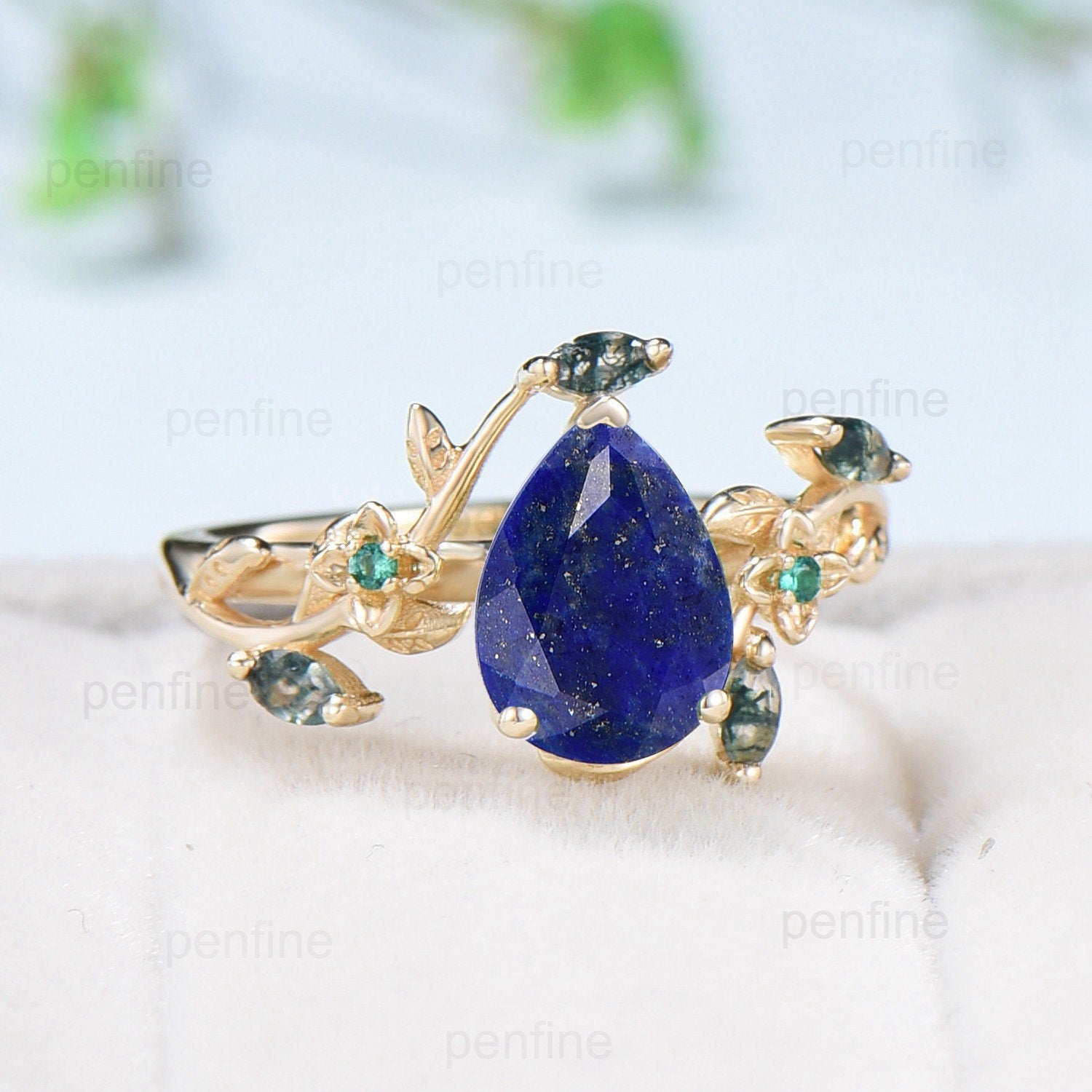 Vintage Elegant Pear Shaped Lapis Lazuli Ring - Flower Engagement Ring with Leaf Marquise Moss Agate - Unique Emerald Twig Branch Wedding Ring for Women | Perfect for Anniversary, Proposal, and Special Occasions