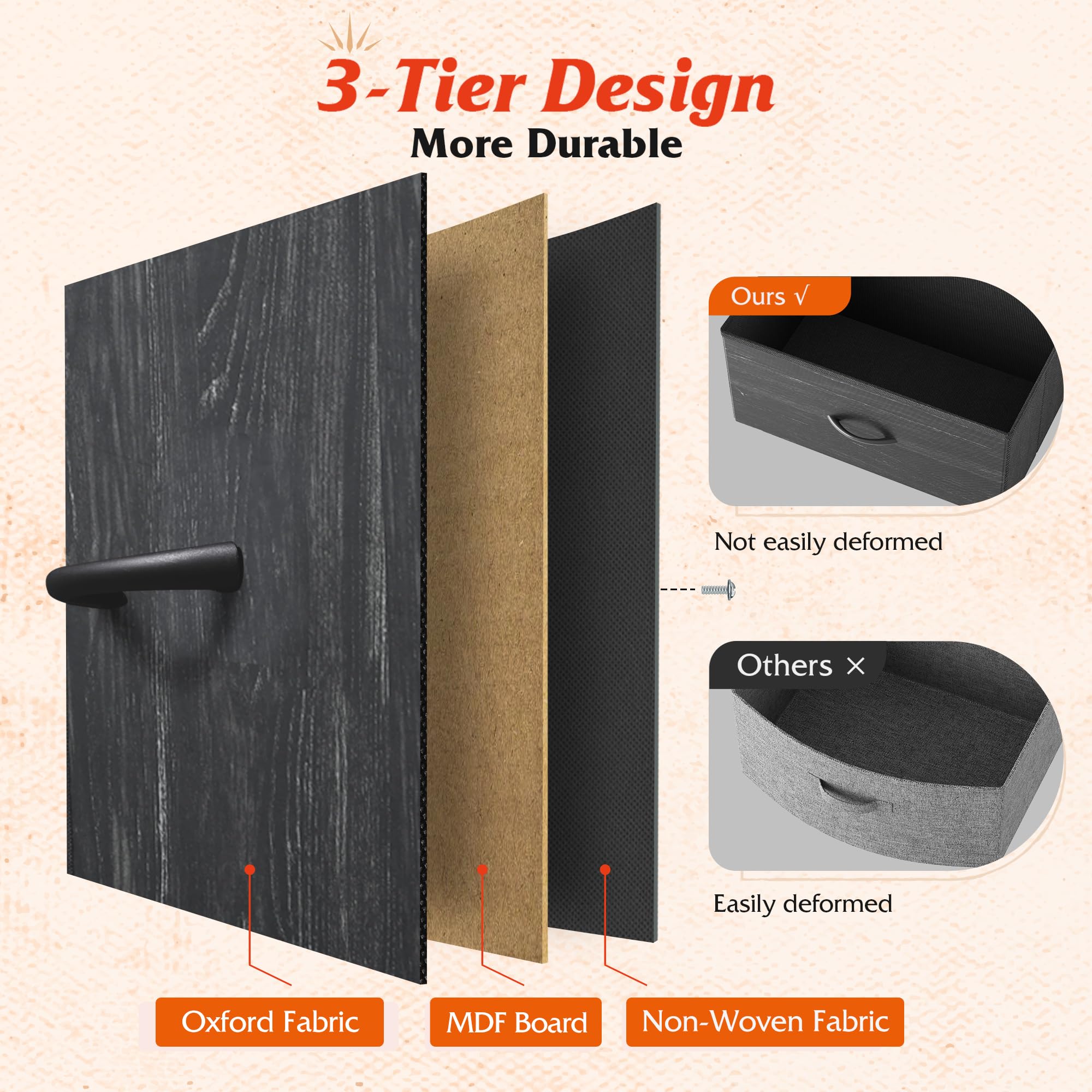 WLIVE 10-Drawer Fabric Dresser for Bedroom - Tall Clothing Storage Organizer with Cabinet, Metal Frame & Wooden Top - Charcoal Black Wood Grain Print - Perfect for Closet, Nursery, Dorm Room Organization