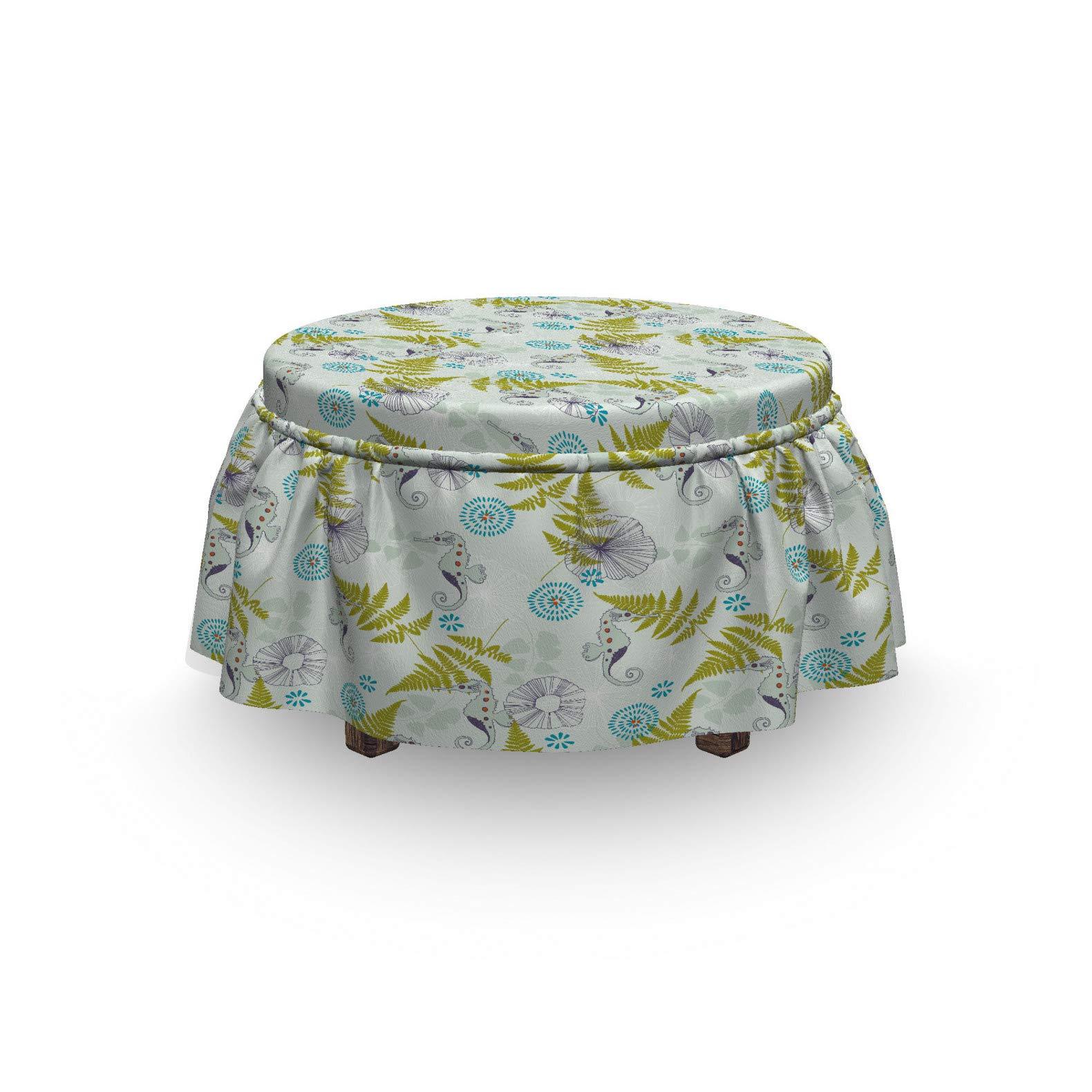 Ambesonne 2-Piece Ottoman Slipcover Set with Ruffle Skirt - Seahorse & Fern Pattern Square Round Cube Footstool Cover - Standard Size Almond Green & Apple Green - Perfect for Living Room, Bedroom, Nursery Decor