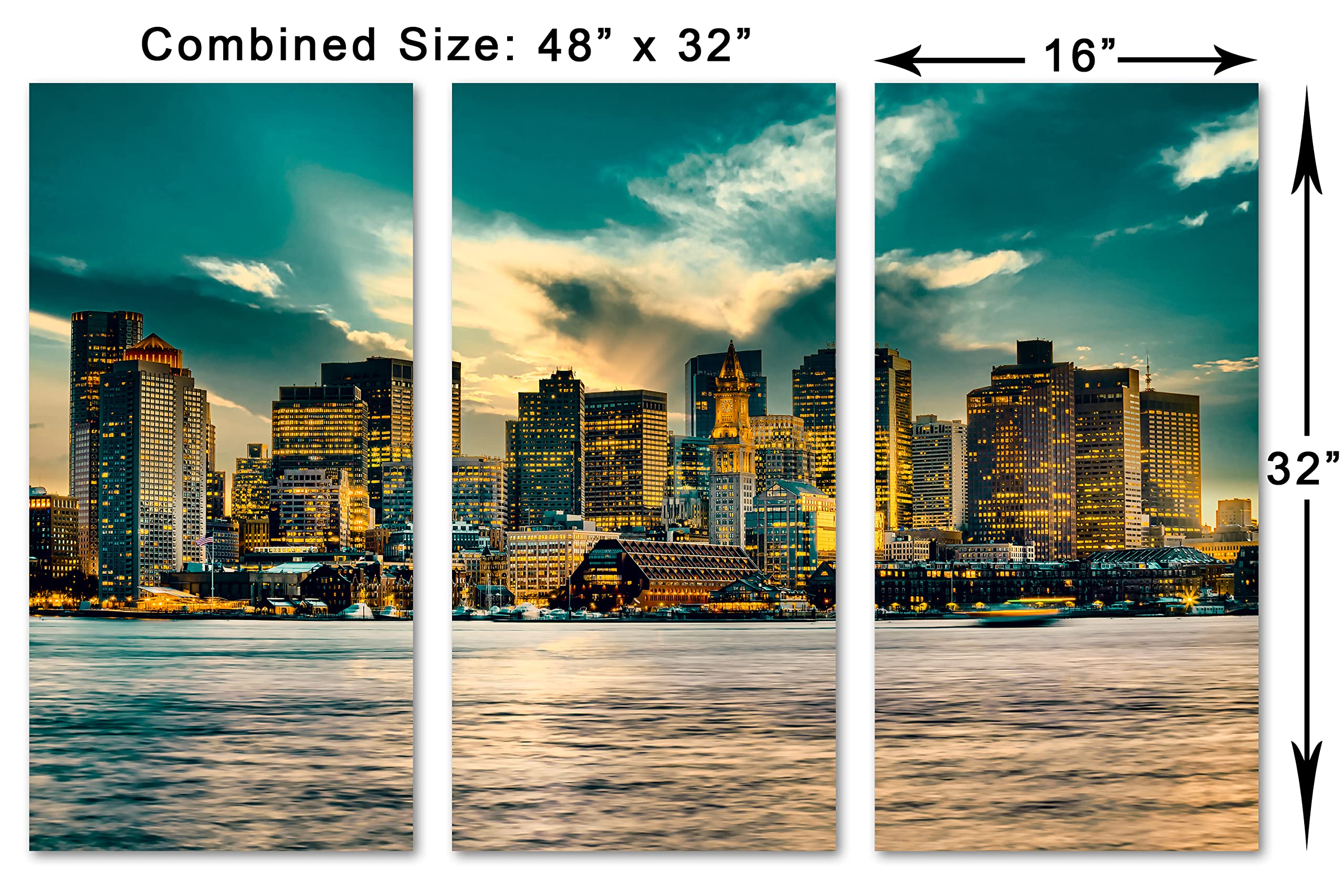 48x32 Boston Skyline Canvas Print Wall Art - Green Skies 3 Panel Split - Massachusetts MA Cityscape Decor - Perfect for Living Room, Bedroom or Office Wall Decoration