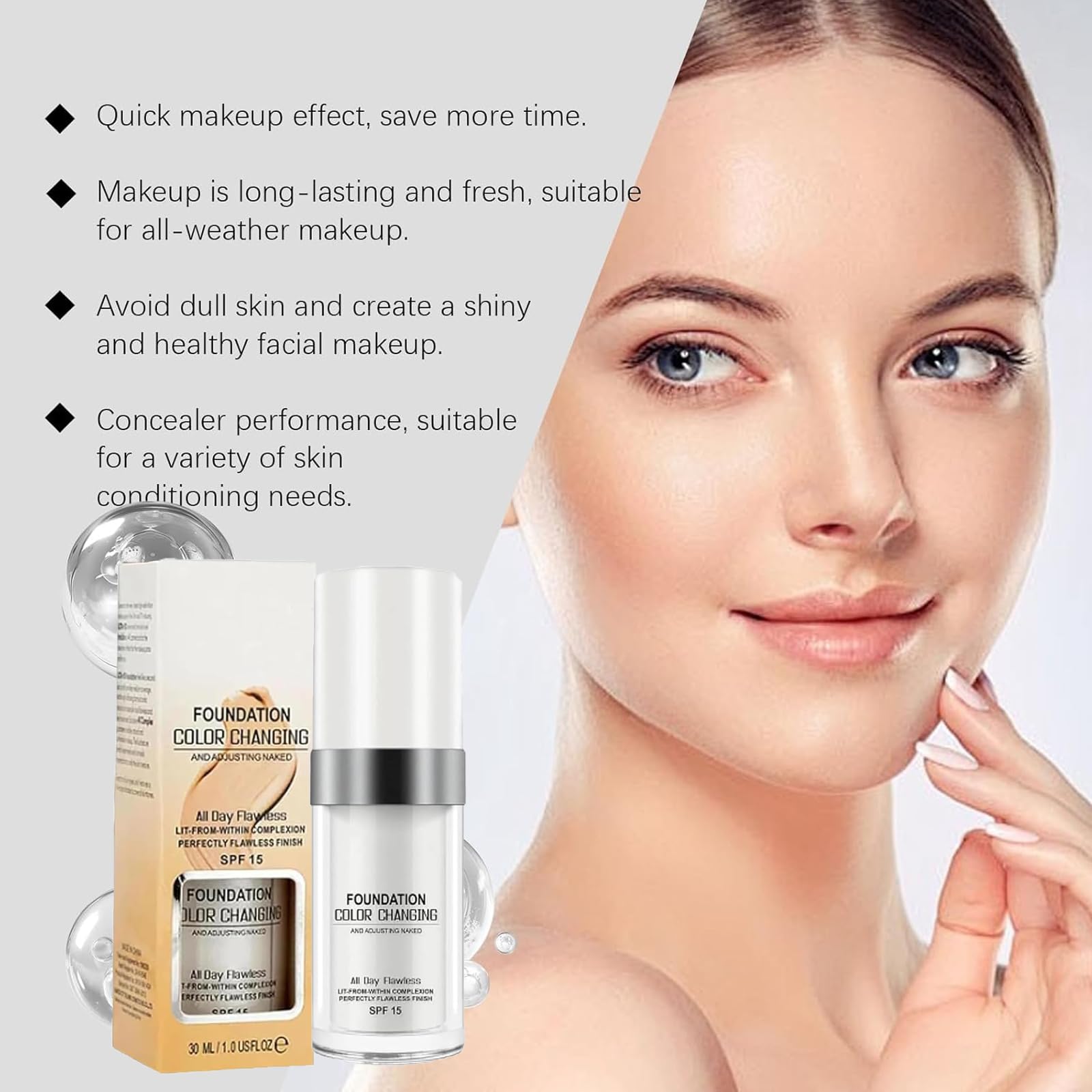 Glowari Color Changing Foundation with SPF - Adjusts to Your Skin Tone, Hydrating & Sun Protection for Mature Skin | Perfect for Daily Makeup & Special Occasions