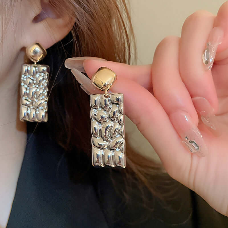 Geometric Fold Two Tone Textured Dangle Nugget Earrings for Women | Trendy Gold & Silver Statement Jewelry | Perfect for Parties, Weddings & Everyday Wear (E4081)