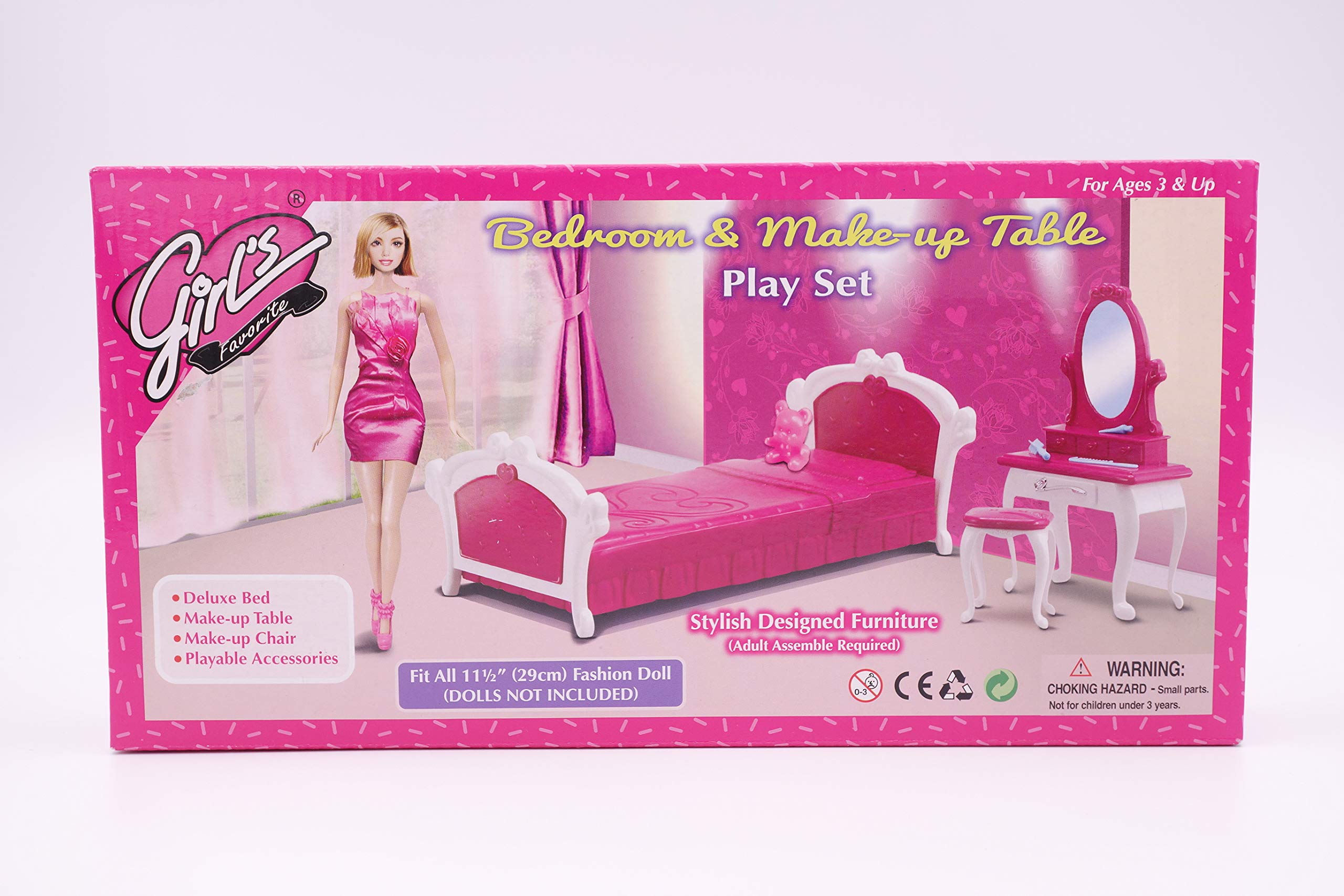 Gloria Dollhouse Bedroom & Vanity Play Set for Girls - Pink Makeup Table & Furniture (No. 3014) | Perfect for Pretend Play, Room Decor & Doll Accessories