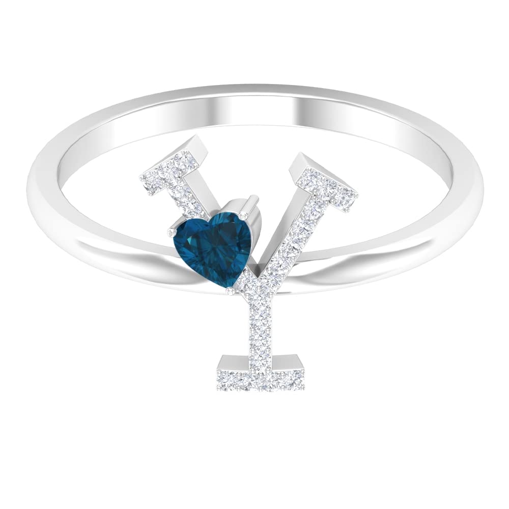 London Blue Topaz & Diamond Rings | Diamond Alphabet A-Z Initial Rings for Women | 14K White Gold Personalized Jewelry | Perfect for Birthdays, Anniversaries & Gifts