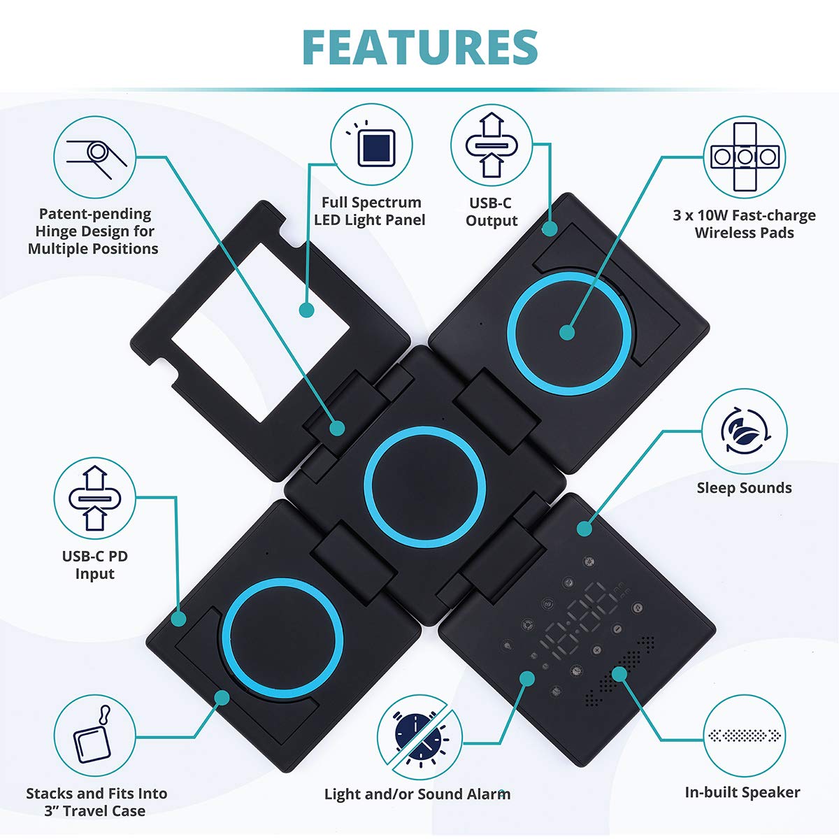 HyperCube 3-in-1 Foldable Wireless Charging Station - 10W Fast Charger for iPhone 13/14/15, Apple Watch Series 9/8/7, AirPods Pro & LED Alarm Clock - Includes 60W PD Adapter & 6.5ft USB-C Cable (Black) | Perfect for Bedside, Office, Travel & Nightstand Charging