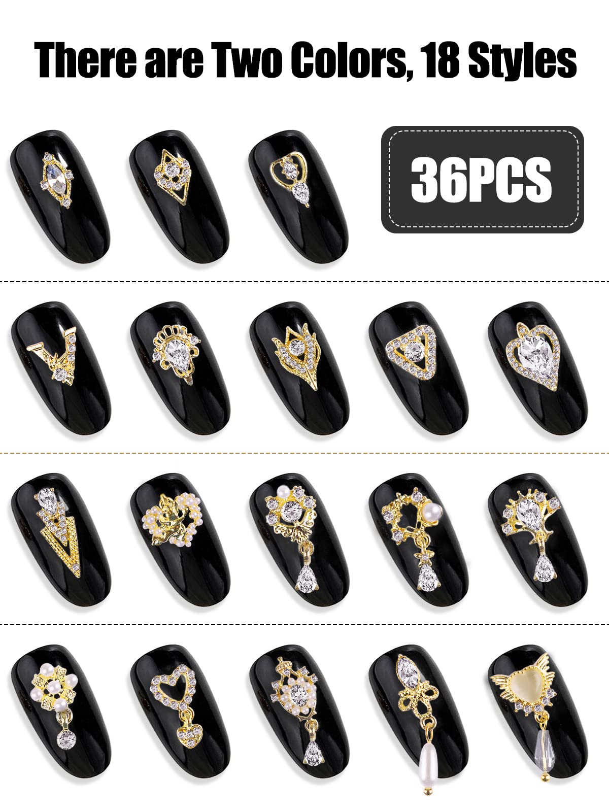 36 Pcs Luxury 3D Dangle Nail Charms - Gold Silver Heart Pearl Rhinestones for DIY Nail Art, Crystal Gems & Nail Diamonds for Women & Girls | Perfect for Nail Design, Craft Jewelry Making, Bridal Manicures & Party Nail Decorations