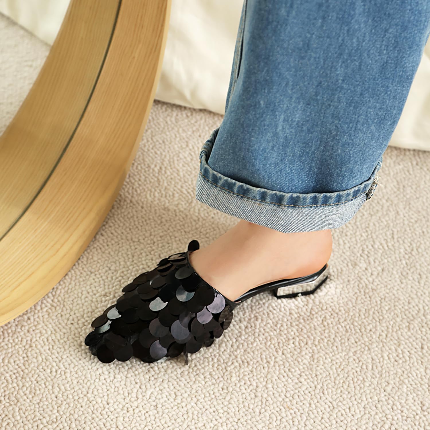 Women's Sequined Pointed Toe Mule Slippers - Elegant Dress Shoes for Casual & Formal Occasions | Comfortable Slip-On Flats for Work, Parties & Everyday Wear