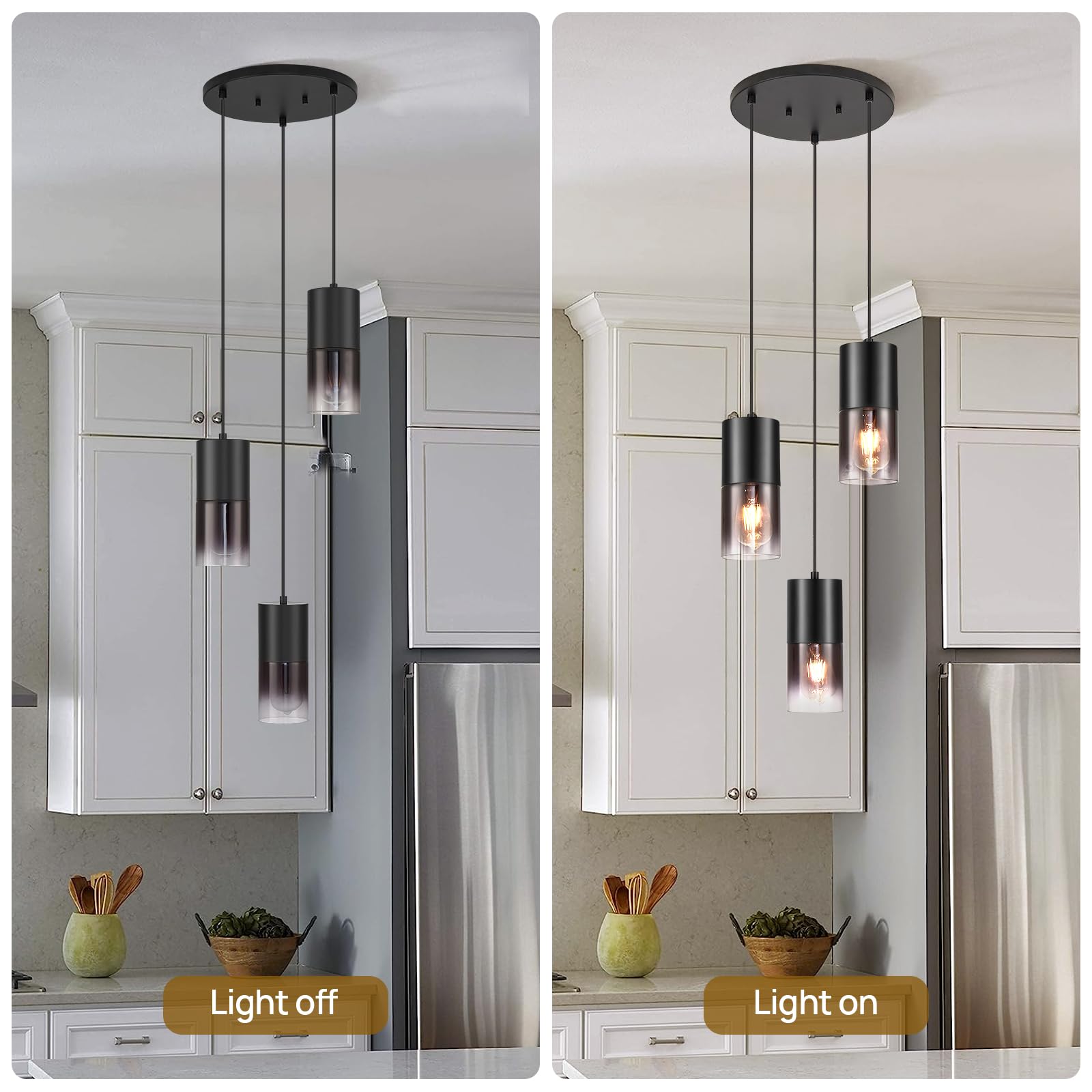 Industrial Black Glass Pendant Light - 3 E26 Bulb Kitchen Island Lighting with 59