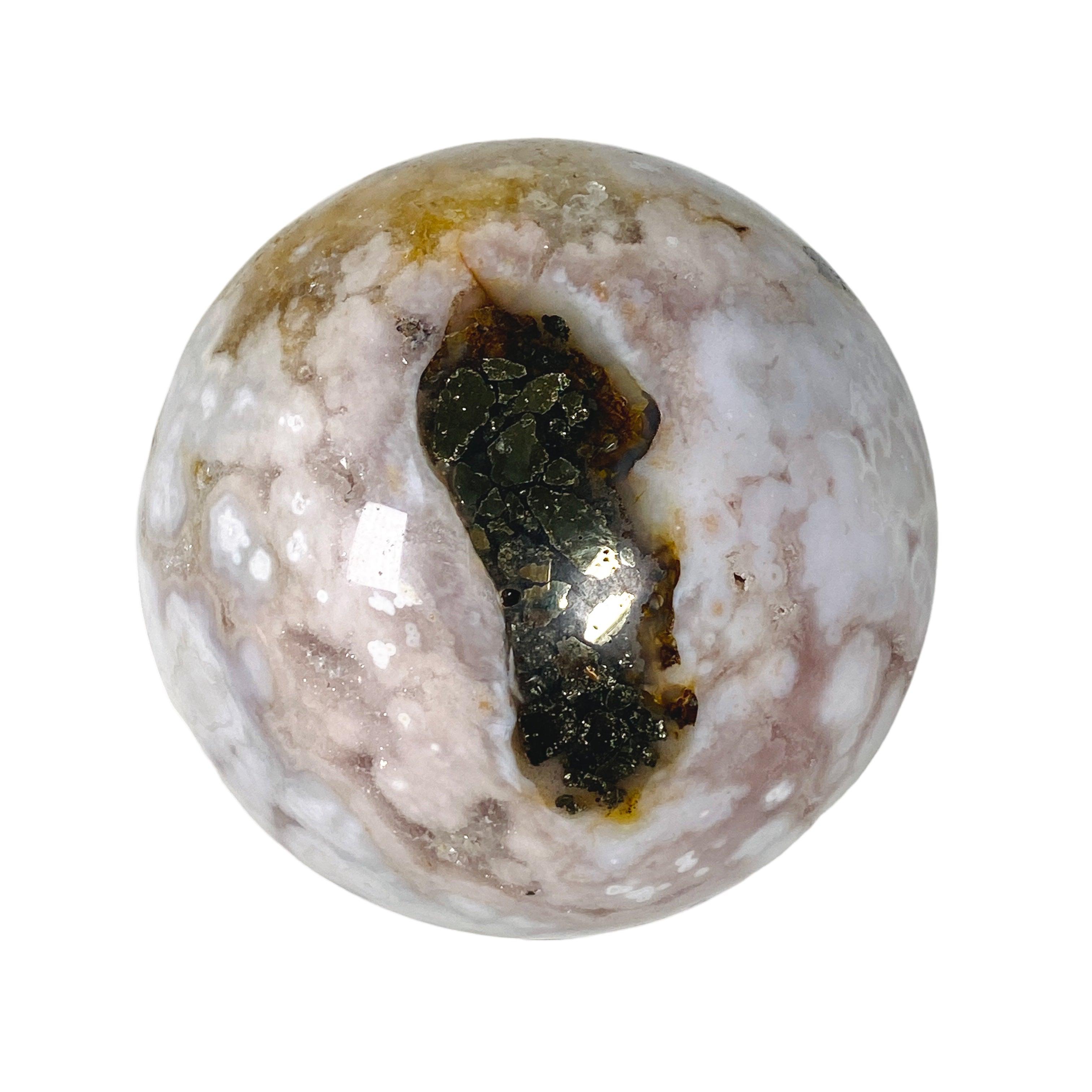 Natural Pink Flower Agate with Pyrite Sphere - Healing Crystal for Meditation, Reiki, and Home Decor - PFAS 03