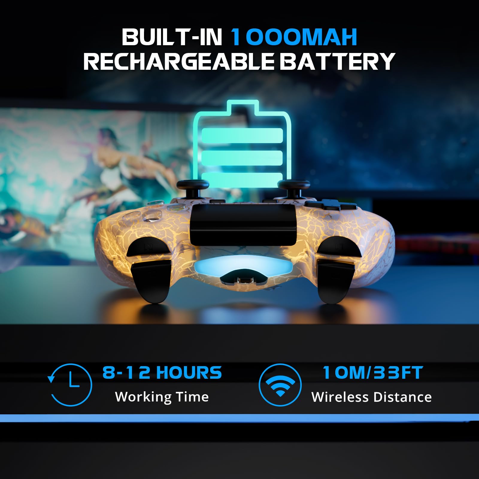 Wireless PS4 Controller with LED Backlit, 1000mAh Rechargeable Battery, Dual Shock & 6-Axis Motion Sensor, Built-in Speaker & 3.5mm Jack - Adjustable RGB Lighting (White) - Perfect for Gaming, Streaming & Late-Night Play Sessions