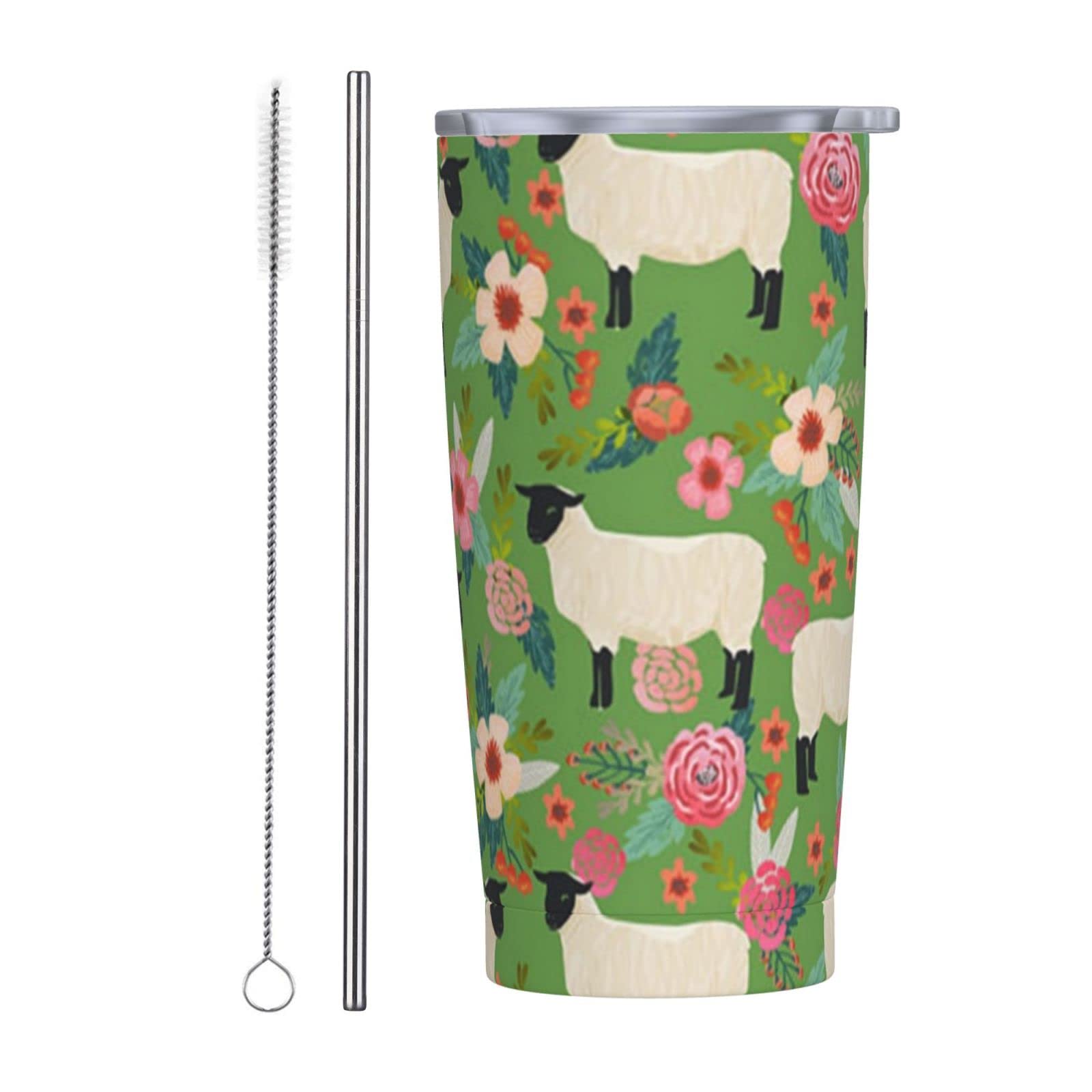 SWEET TANG Spill-Proof Stainless Steel Tumbler with Straw - 20oz Vacuum Insulated Coffee Mug, Tea Travel Cup with Suffolk Sheep Farm Animal Floral Design, Reusable Drinkware for Hot & Cold Beverages - Perfect Gift for Men, Women, Office Use, Camping, and Outdoor Activities